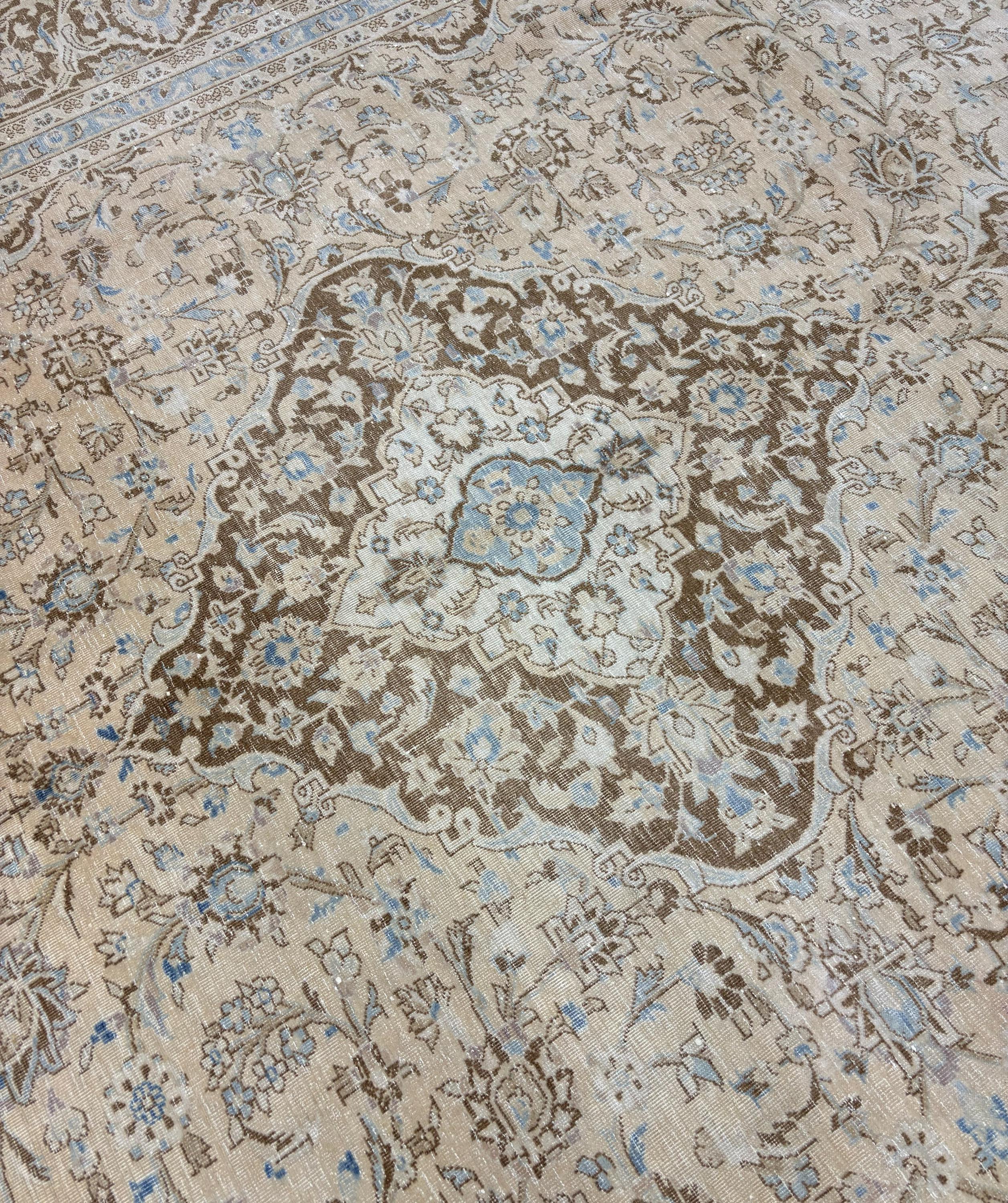 1980s Vintage Turkish Rug 9x12, Blue Beige Oushak Area Rug, Large Distressed Medallion Living Room Carpet
