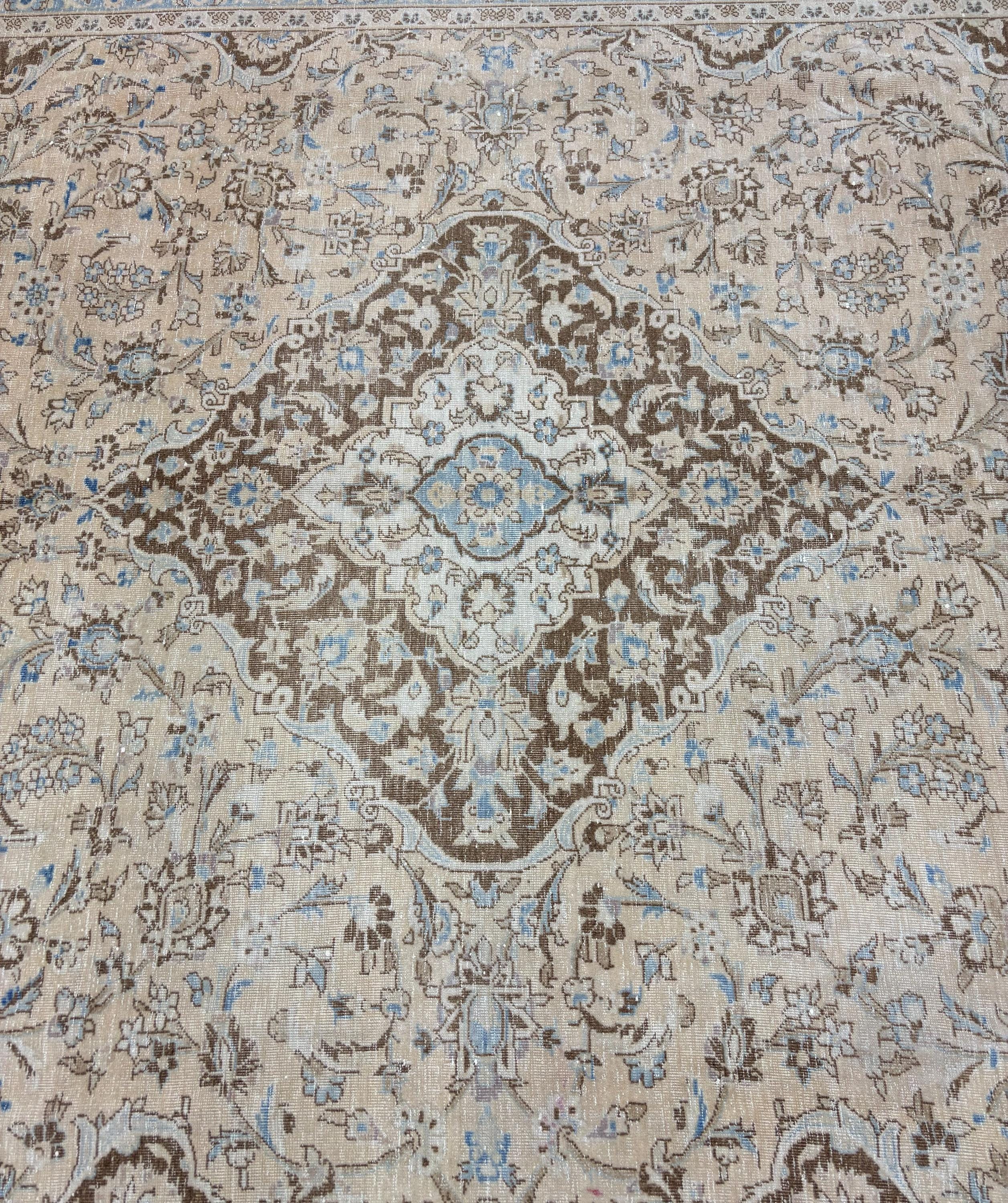 1980s Vintage Turkish Rug 9x12, Blue Beige Oushak Area Rug, Large Distressed Medallion Living Room Carpet