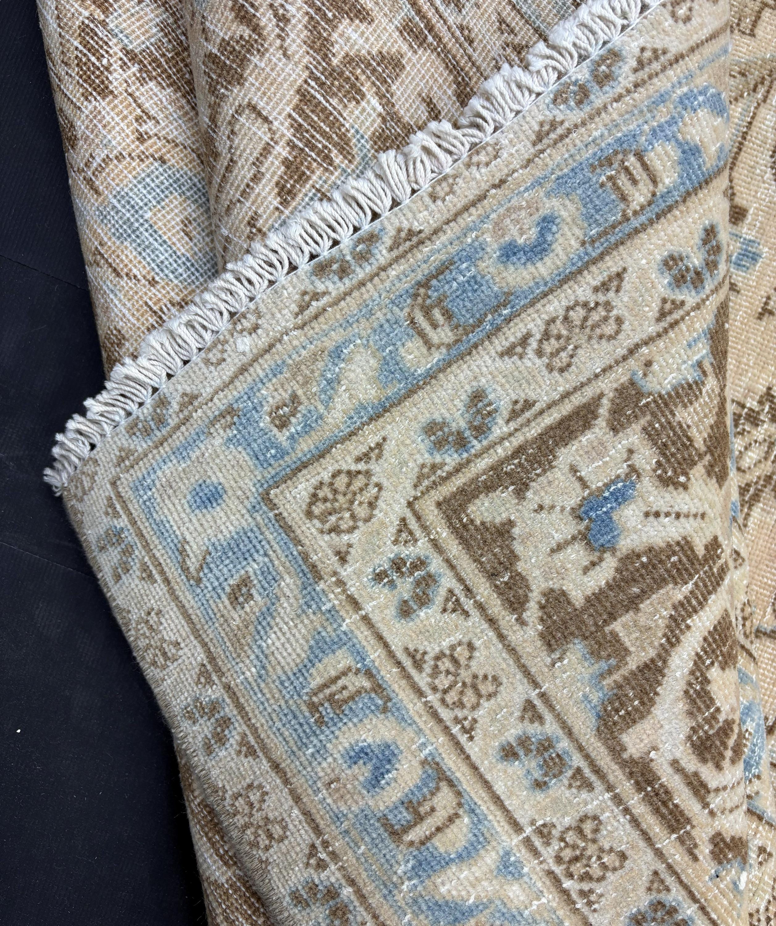 1980s Vintage Turkish Rug 9x12, Blue Beige Oushak Area Rug, Large Distressed Medallion Living Room Carpet