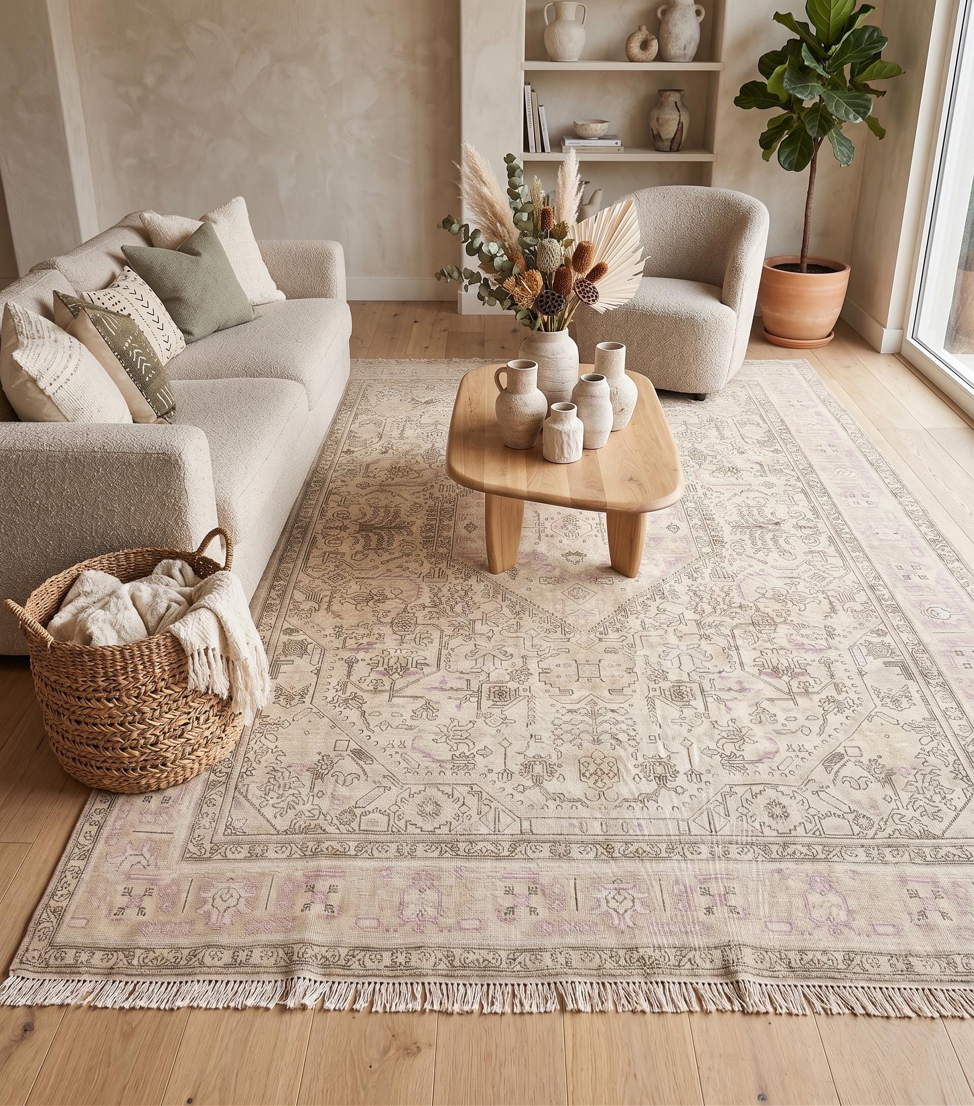 1980s Vintage Turkish Rug 9x12, Handwoven Wool Area Rug, Beige Lilac Distressed Oushak Style Living Room Carpet