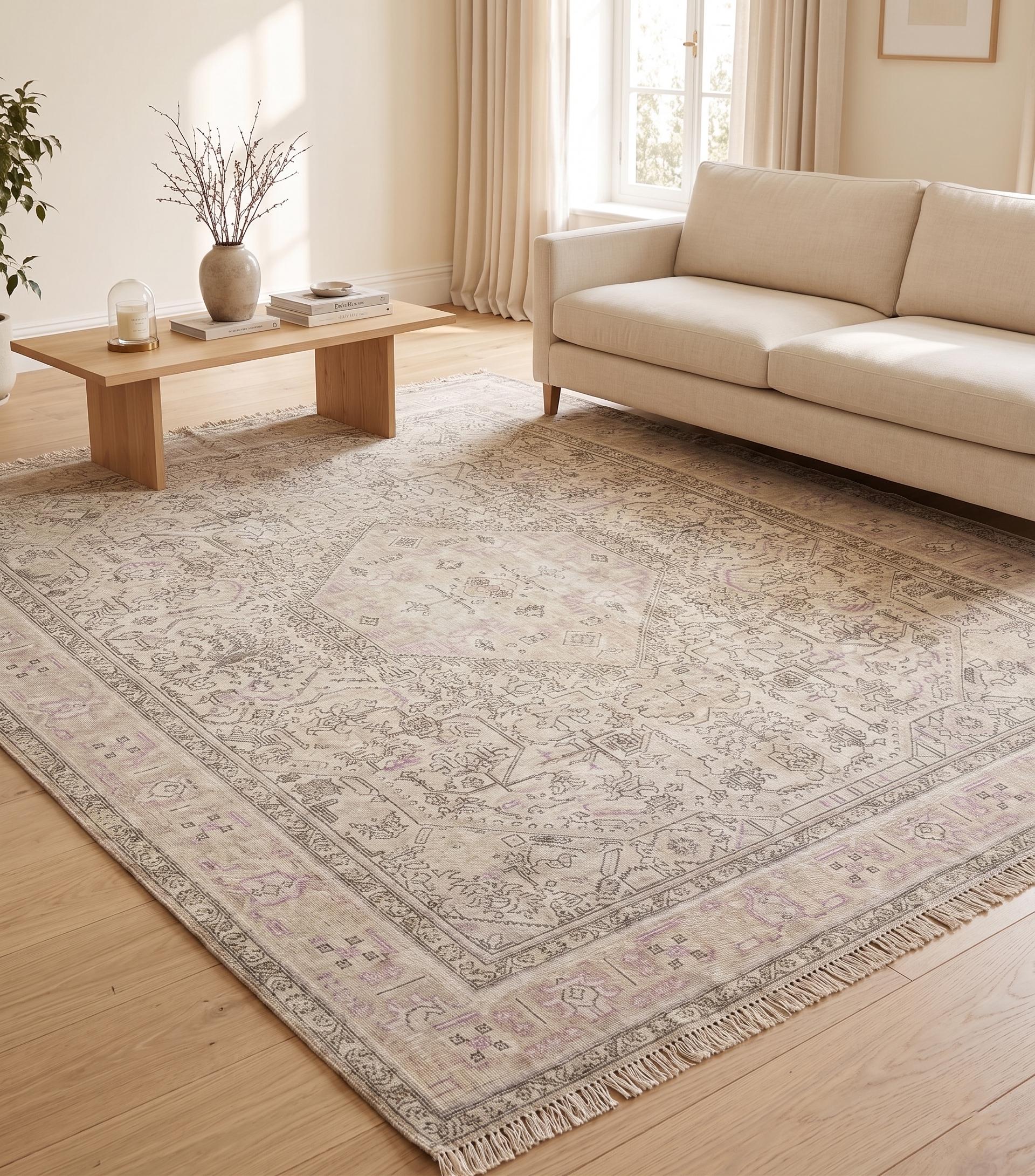 1980s Vintage Turkish Rug 9x12, Handwoven Wool Area Rug, Beige Lilac Distressed Oushak Style Living Room Carpet