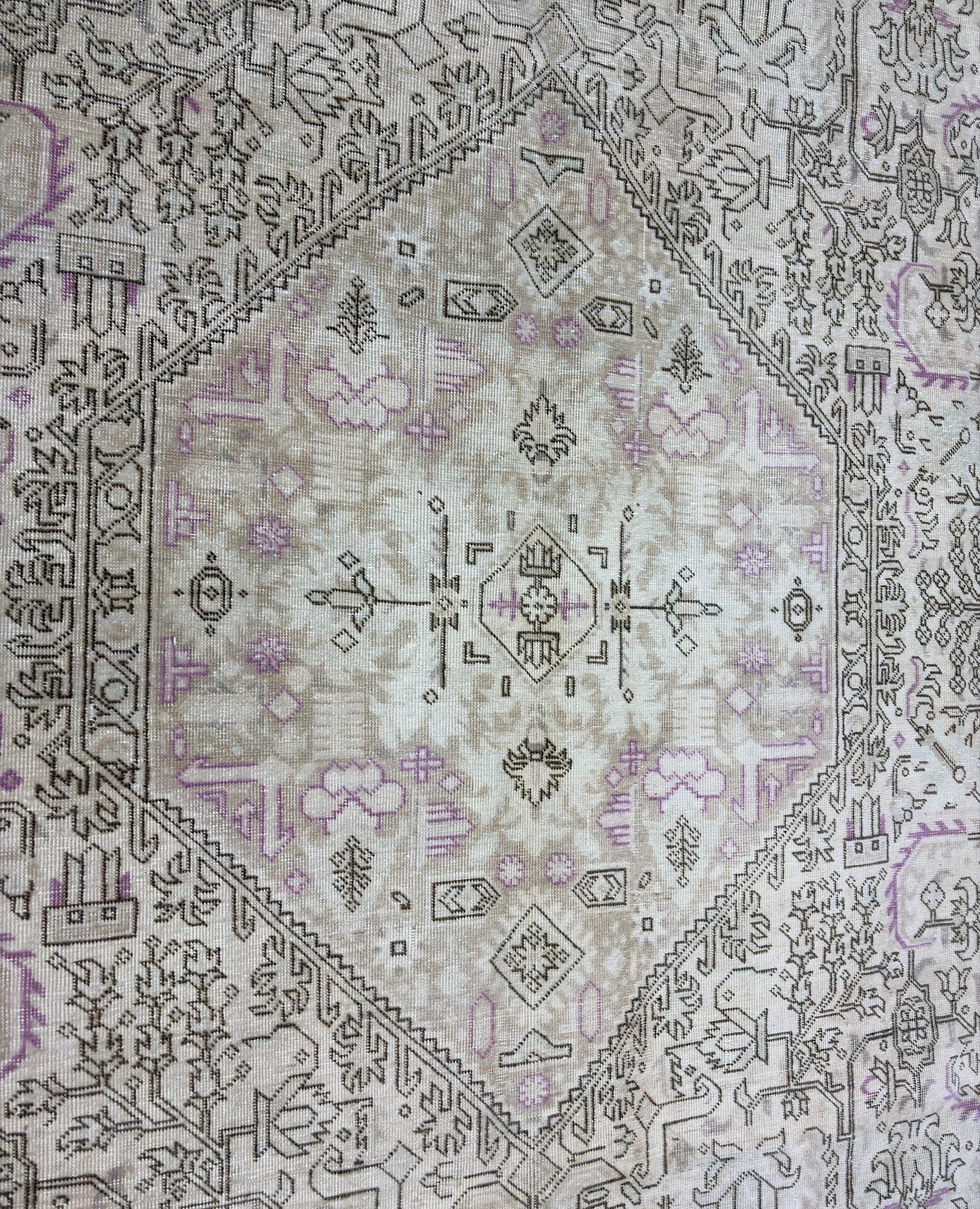 1980s Vintage Turkish Rug 9x12, Handwoven Wool Area Rug, Beige Lilac Distressed Oushak Style Living Room Carpet