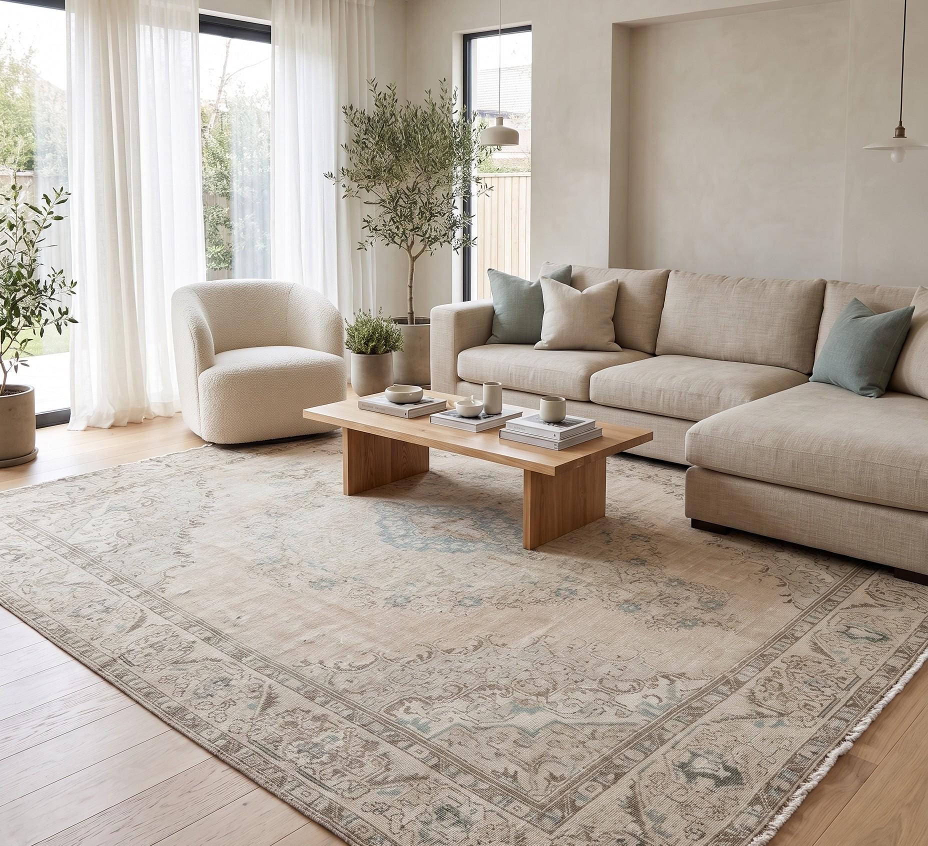 Vintage Turkish Rug 9x12, Large Oushak Wool Area Rug, Faded Neutral Beige Blue Rug, Handmade Living Room Carpet, Oversized