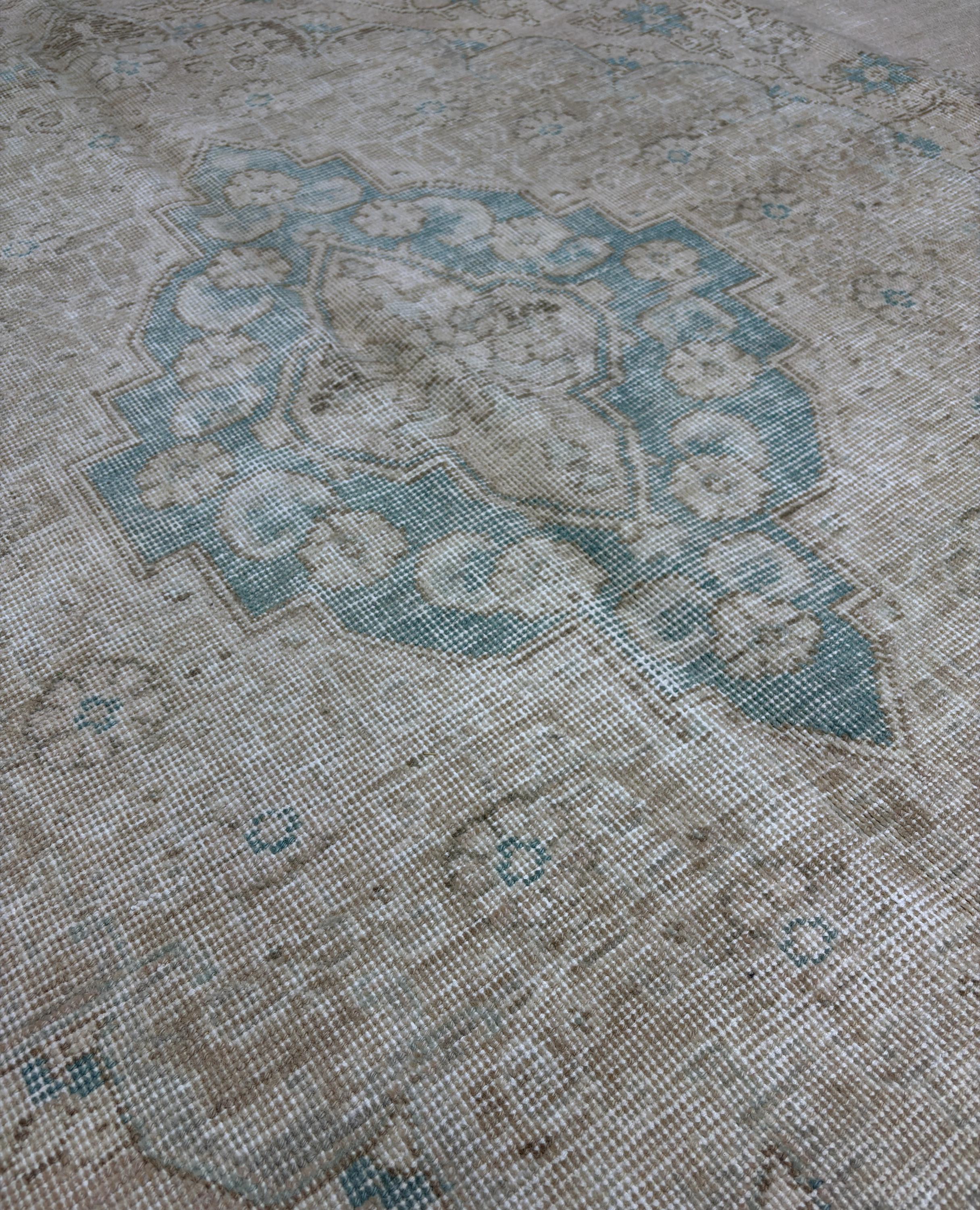 Vintage Turkish Rug 9x12, Large Oushak Wool Area Rug, Faded Neutral Beige Blue Rug, Handmade Living Room Carpet, Oversized