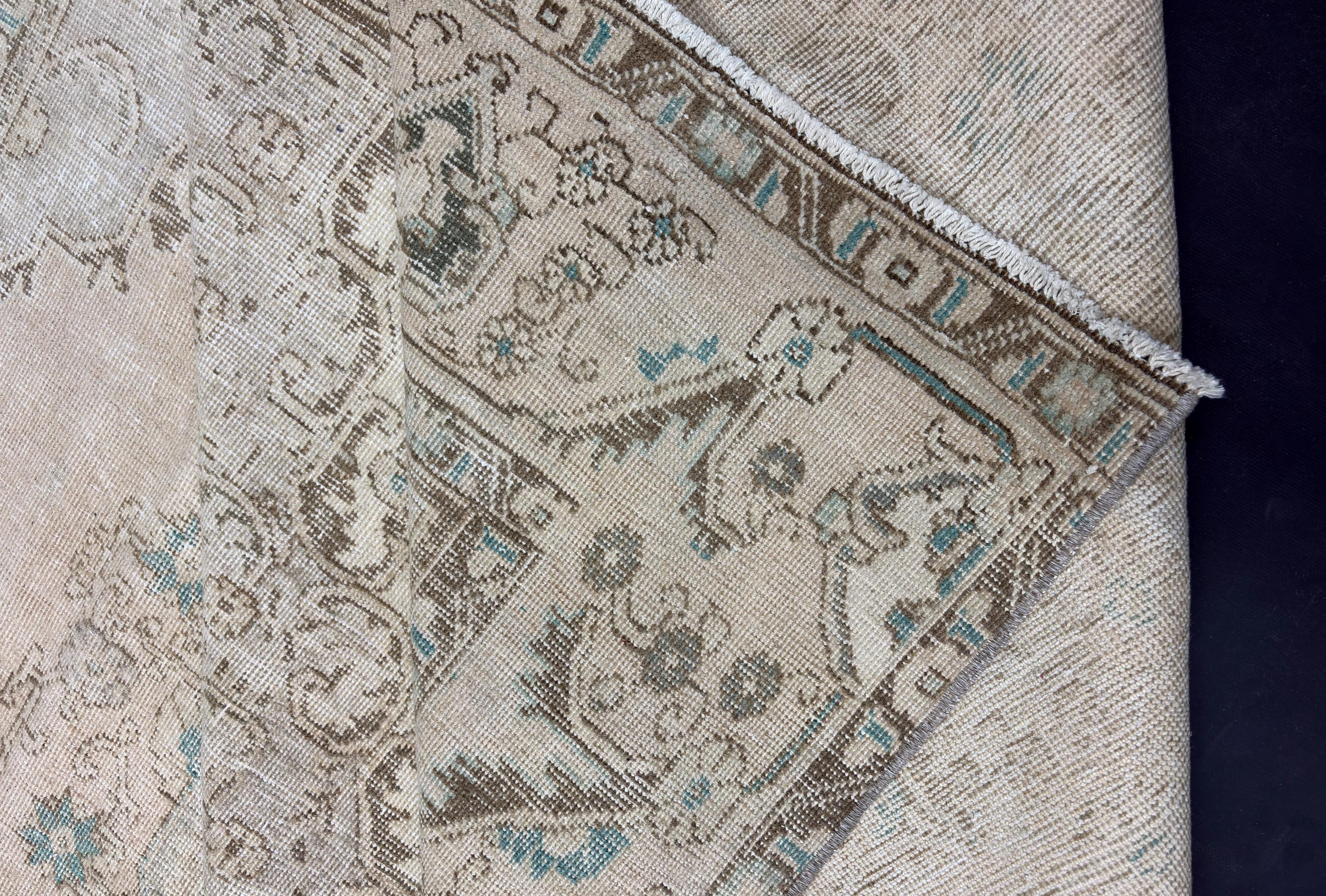 Vintage Turkish Rug 9x12, Large Oushak Wool Area Rug, Faded Neutral Beige Blue Rug, Handmade Living Room Carpet, Oversized