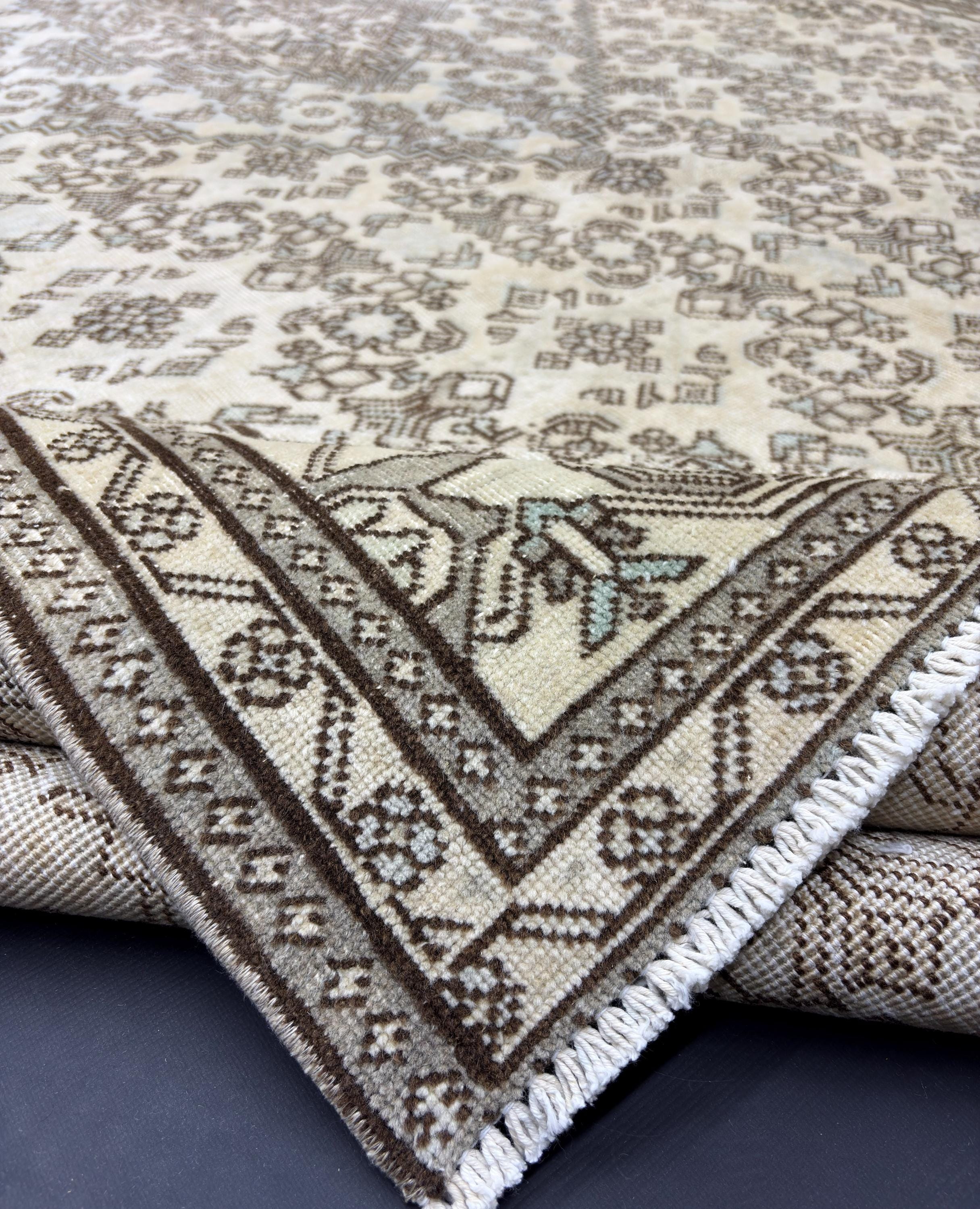 Vintage Turkish Rug 8x12, Large Herati Wool Area Rug, Faded Neutral Beige Blue Rug, Handmade Living Room Carpet, Oversized