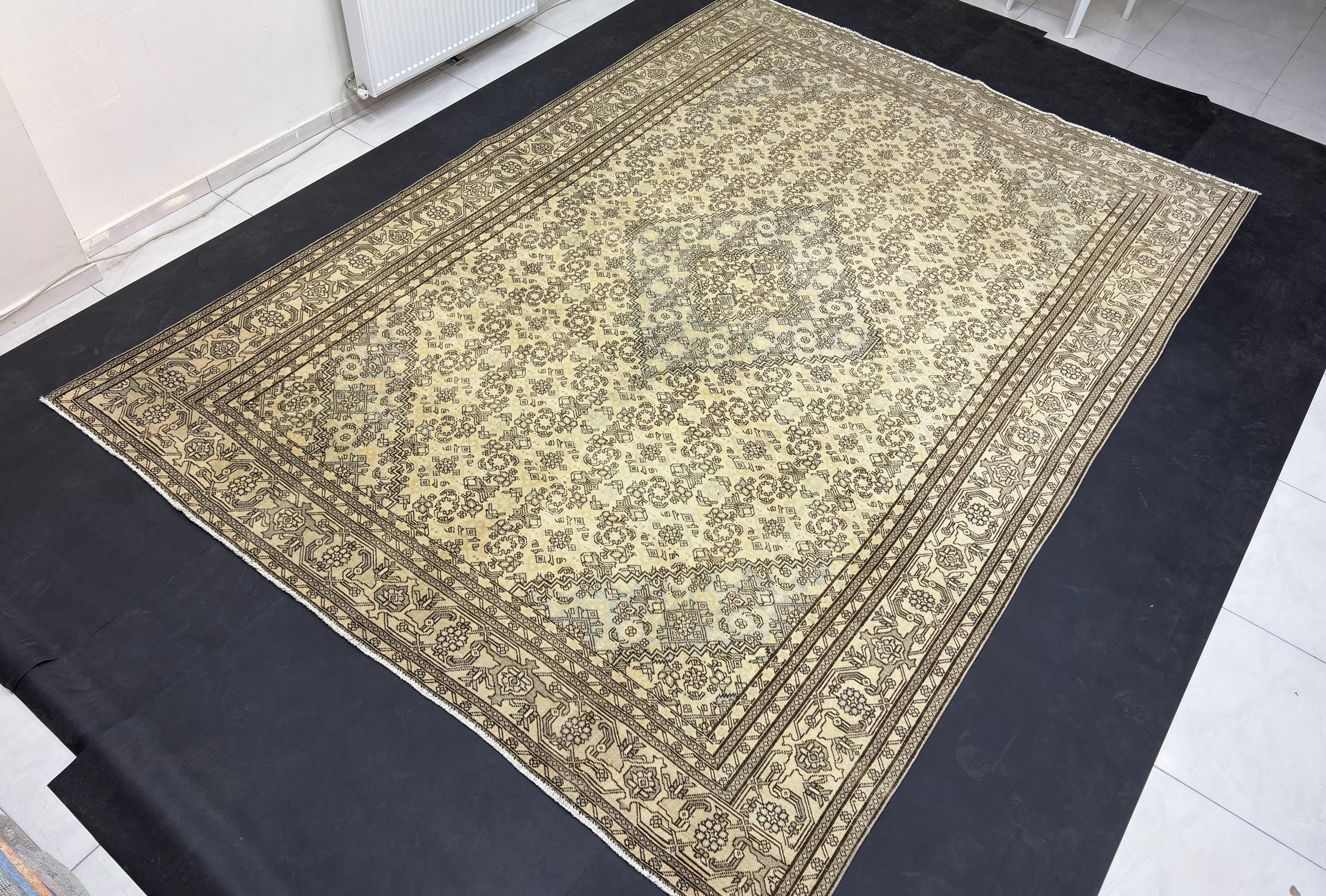 Vintage Turkish Rug 8x12, Large Herati Wool Area Rug, Faded Neutral Beige Blue Rug, Handmade Living Room Carpet, Oversized
