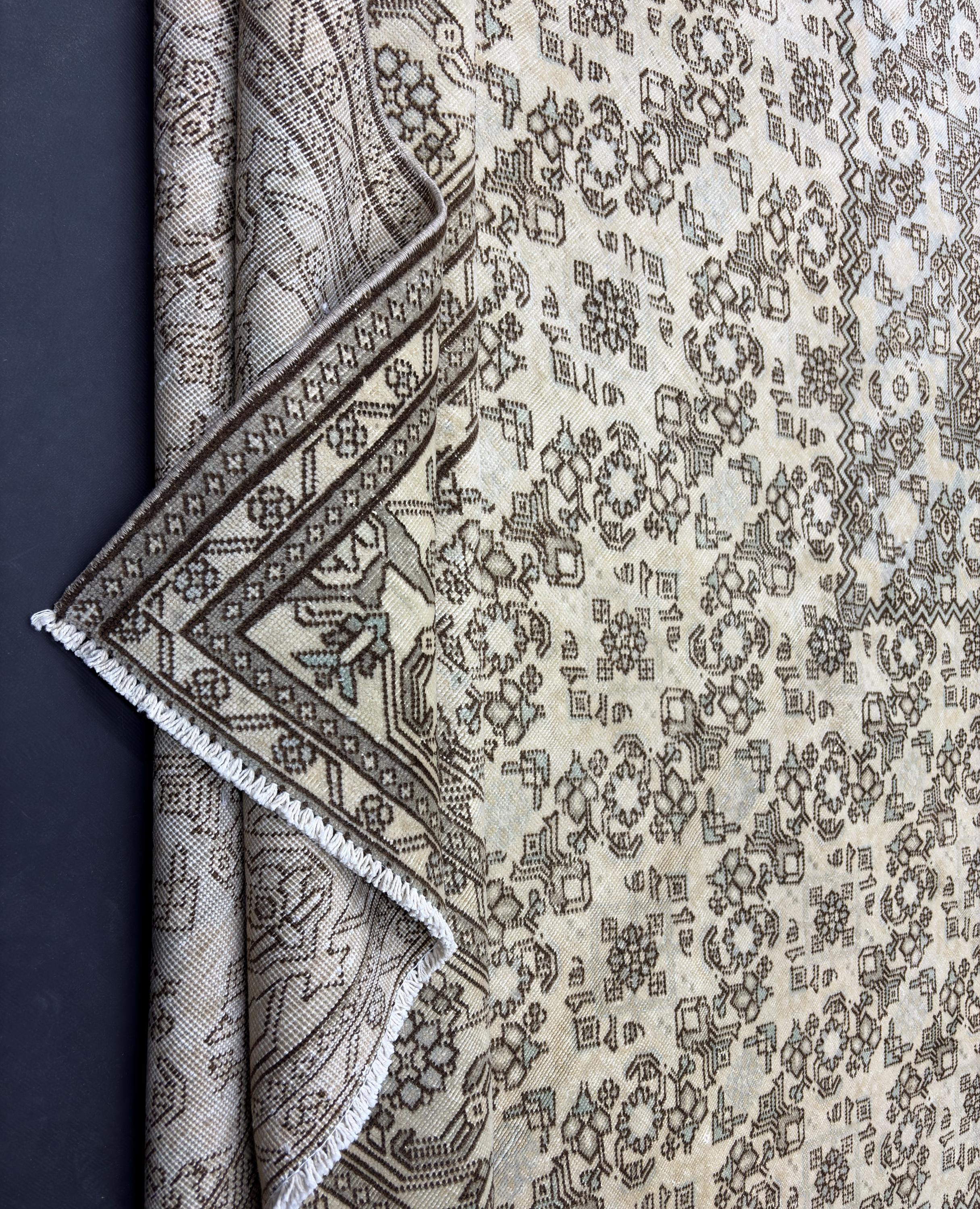 Vintage Turkish Rug 8x12, Large Herati Wool Area Rug, Faded Neutral Beige Blue Rug, Handmade Living Room Carpet, Oversized