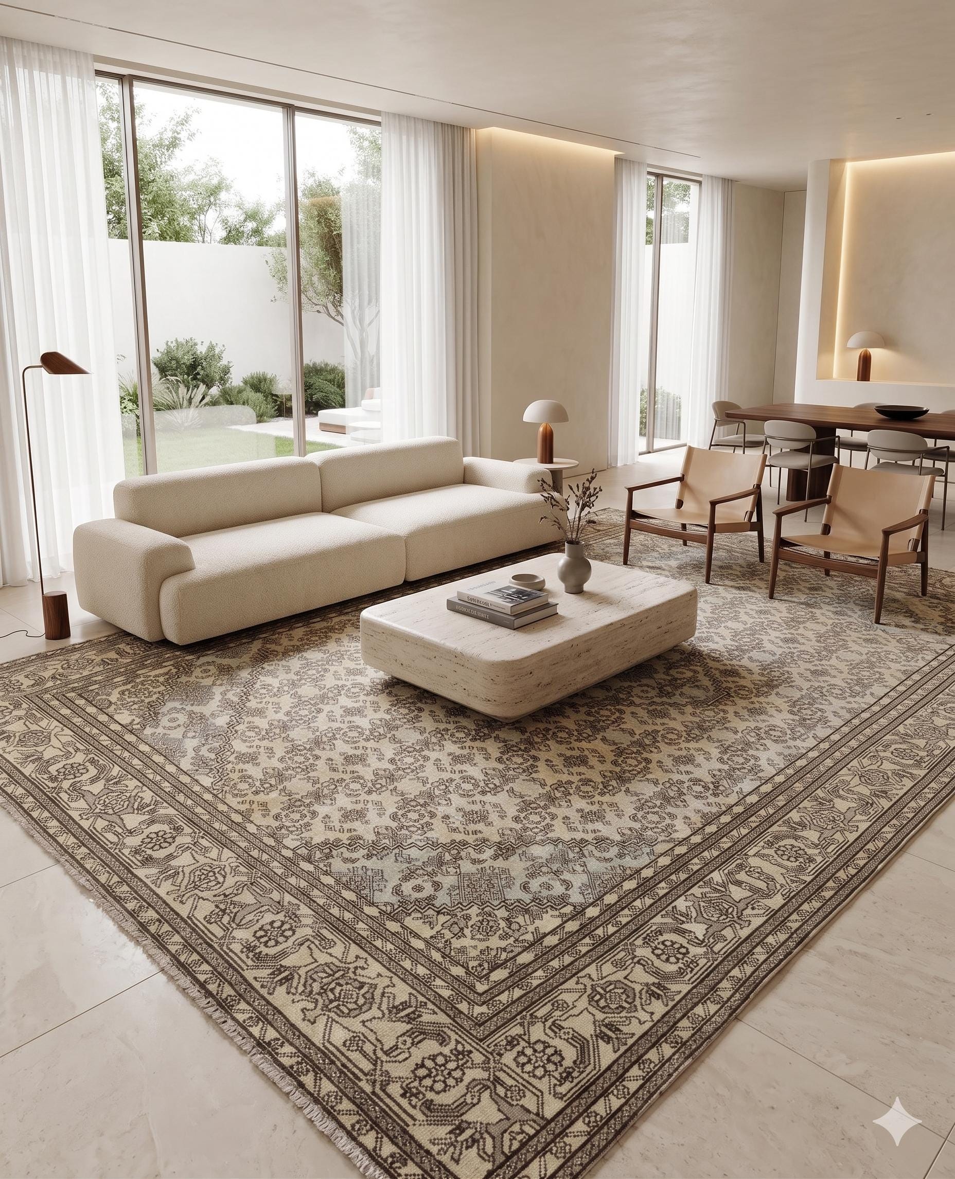 Vintage Turkish Rug 8x12, Large Herati Wool Area Rug, Faded Neutral Beige Blue Rug, Handmade Living Room Carpet, Oversized