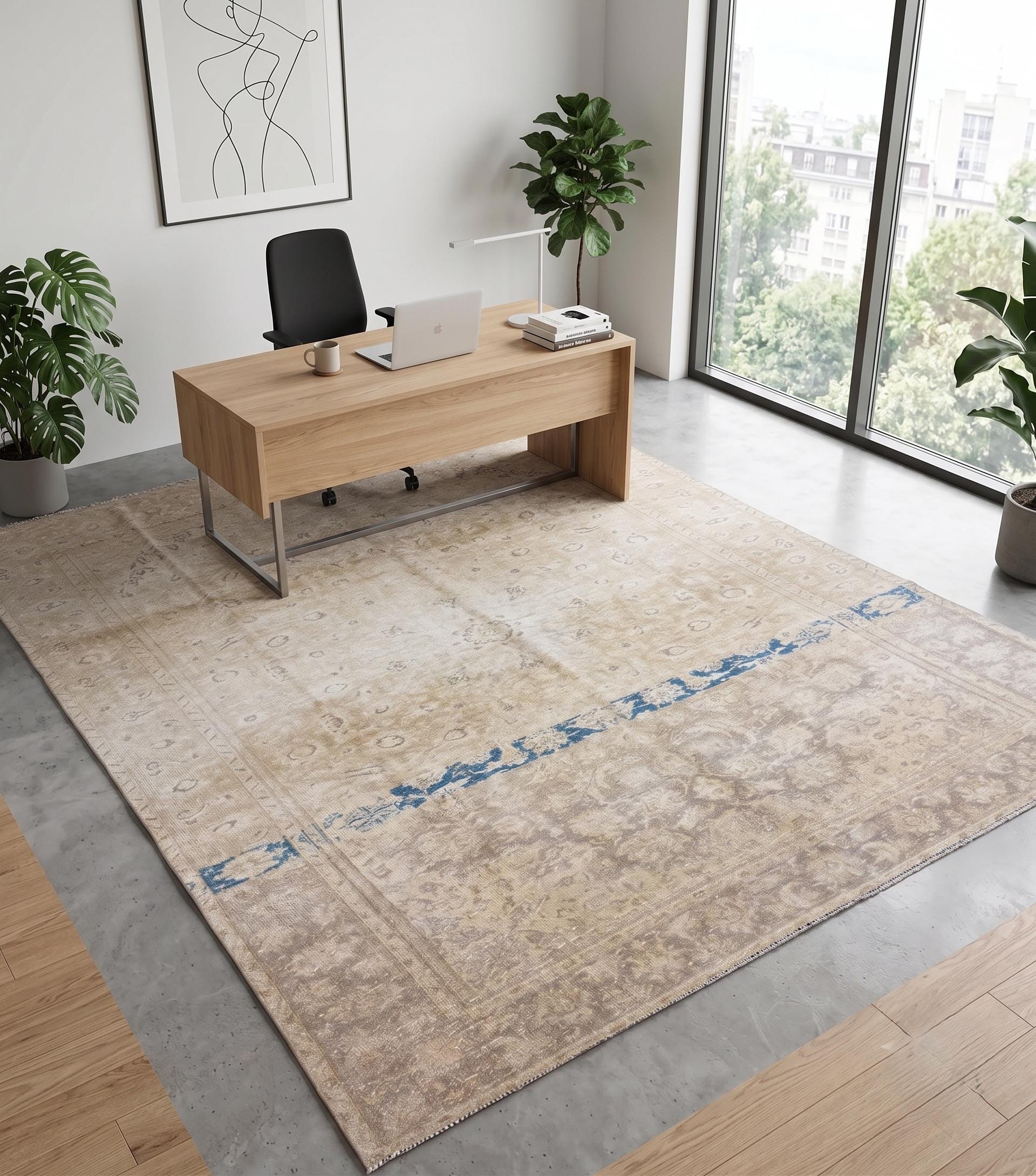 Vintage Turkish Rug, Large Handwoven Wool Area Rug 9x12, Distressed Beige Taupe Blue Pattern, Traditional Anatolian Carpet