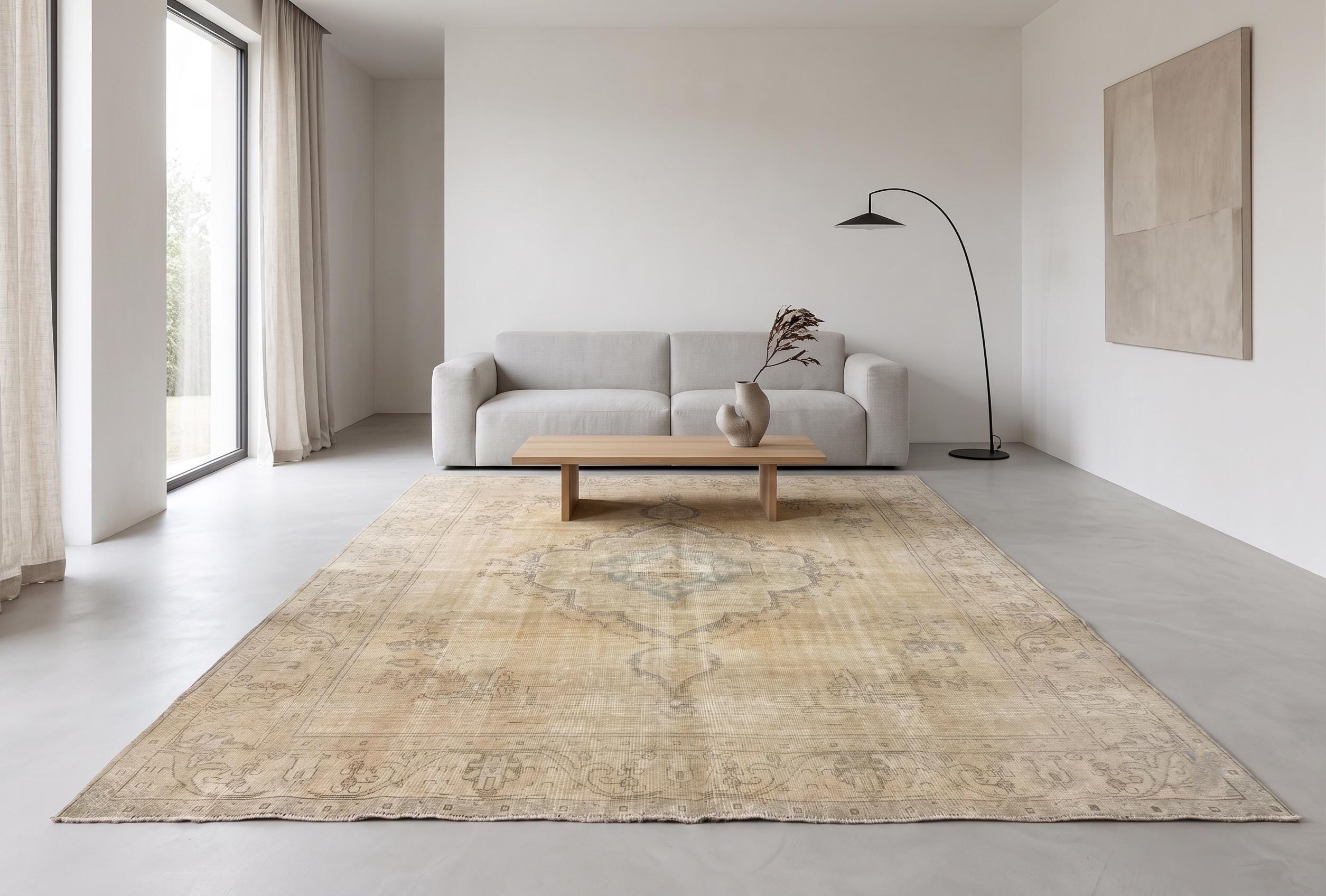 Large Vintage Turkish Rug, Faded Anatolian Wool Carpet, Handwoven 9x12 Rug for Living Room, Distressed Medallion Style Area
