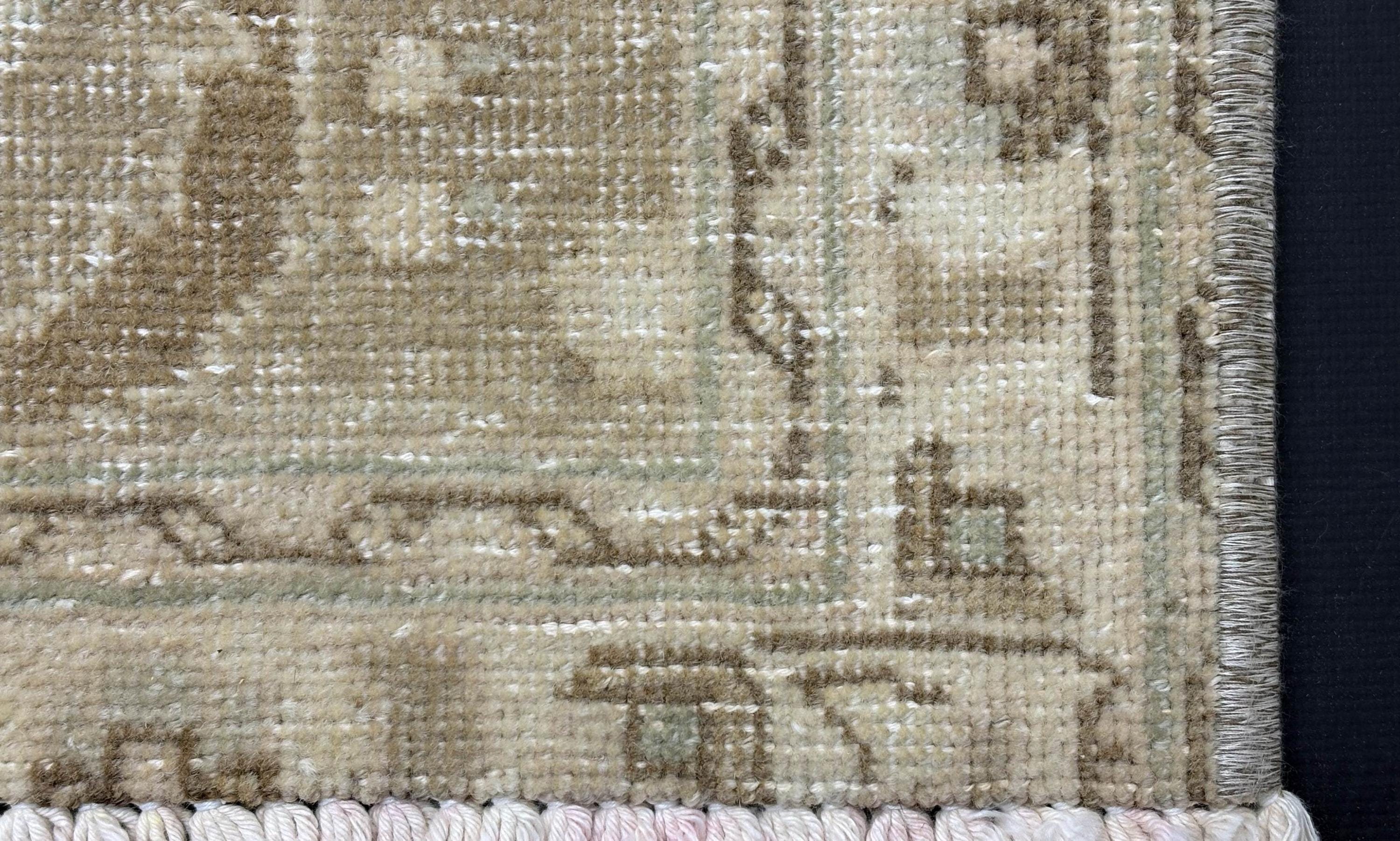 Handwoven Wool Area Rug, Beige Gold Distressed 9x12, Large Turkish 1980s Carpet, Neutral Floral Pattern for Living Room
