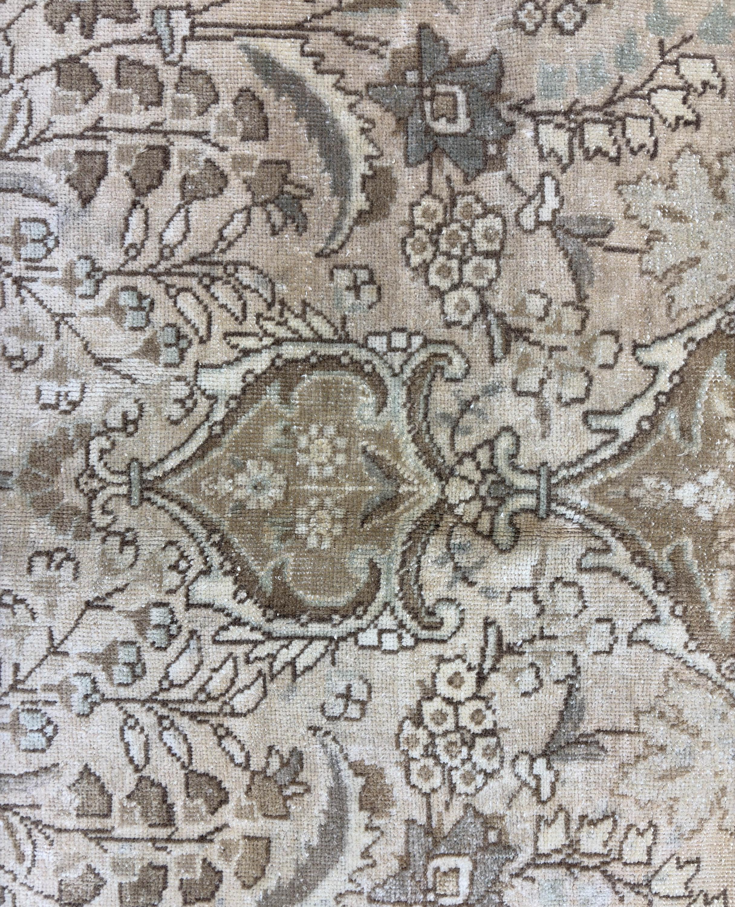 Handwoven Wool Area Rug, Beige Gold Distressed 9x12, Large Turkish 1980s Carpet, Neutral Floral Pattern for Living Room