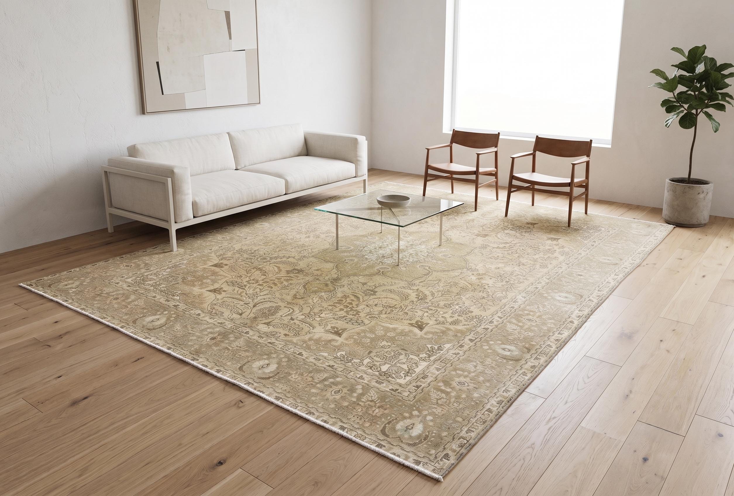 Handwoven Wool Area Rug, Beige Gold Distressed 9x12, Large Turkish 1980s Carpet, Neutral Floral Pattern for Living Room