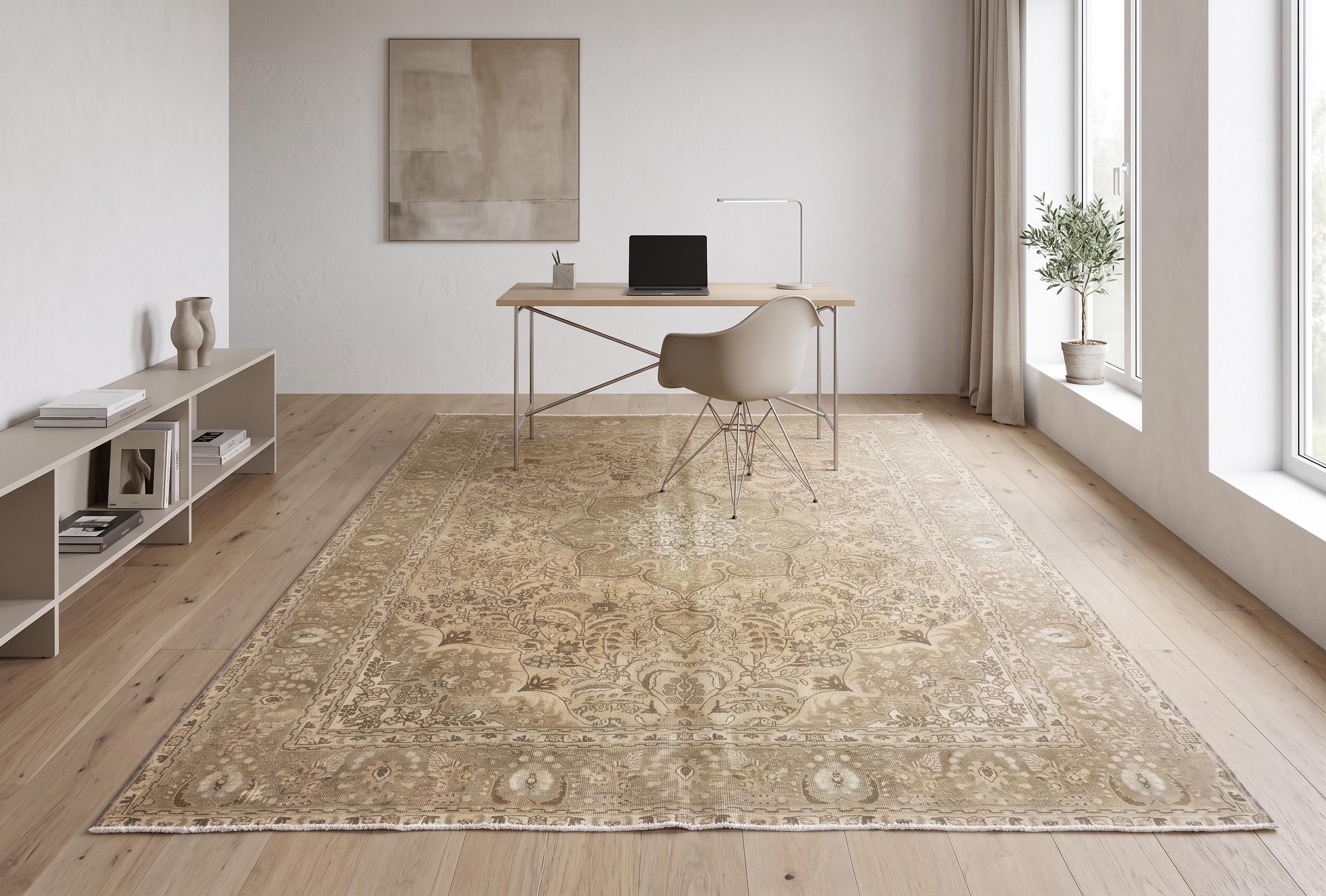 Handwoven Wool Area Rug, Beige Gold Distressed 9x12, Large Turkish 1980s Carpet, Neutral Floral Pattern for Living Room