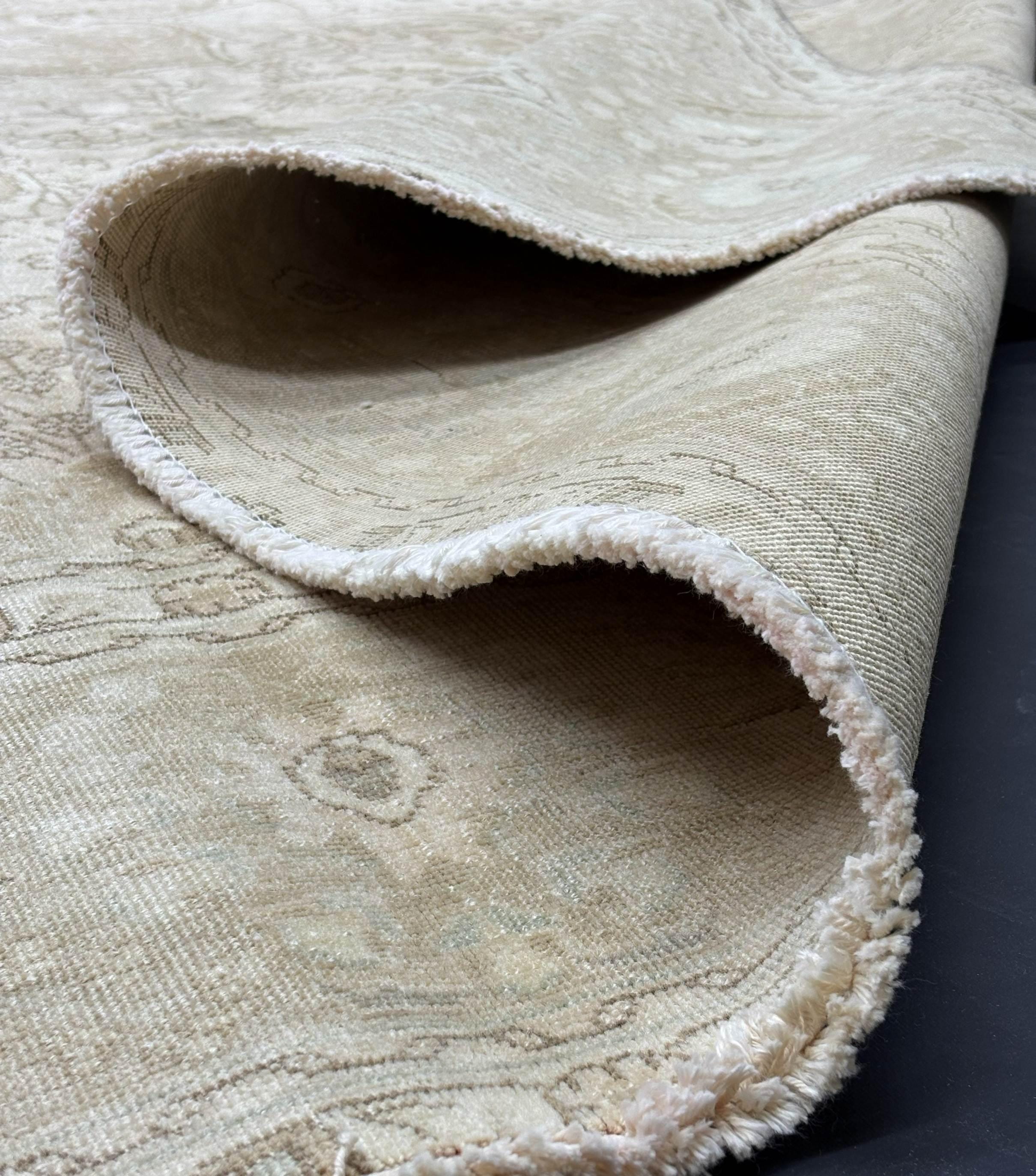 Handwoven Wool Area Rug, Beige Gold Distressed 9x12, Large Turkish 1980s Carpet, Neutral Floral Pattern for Living Room