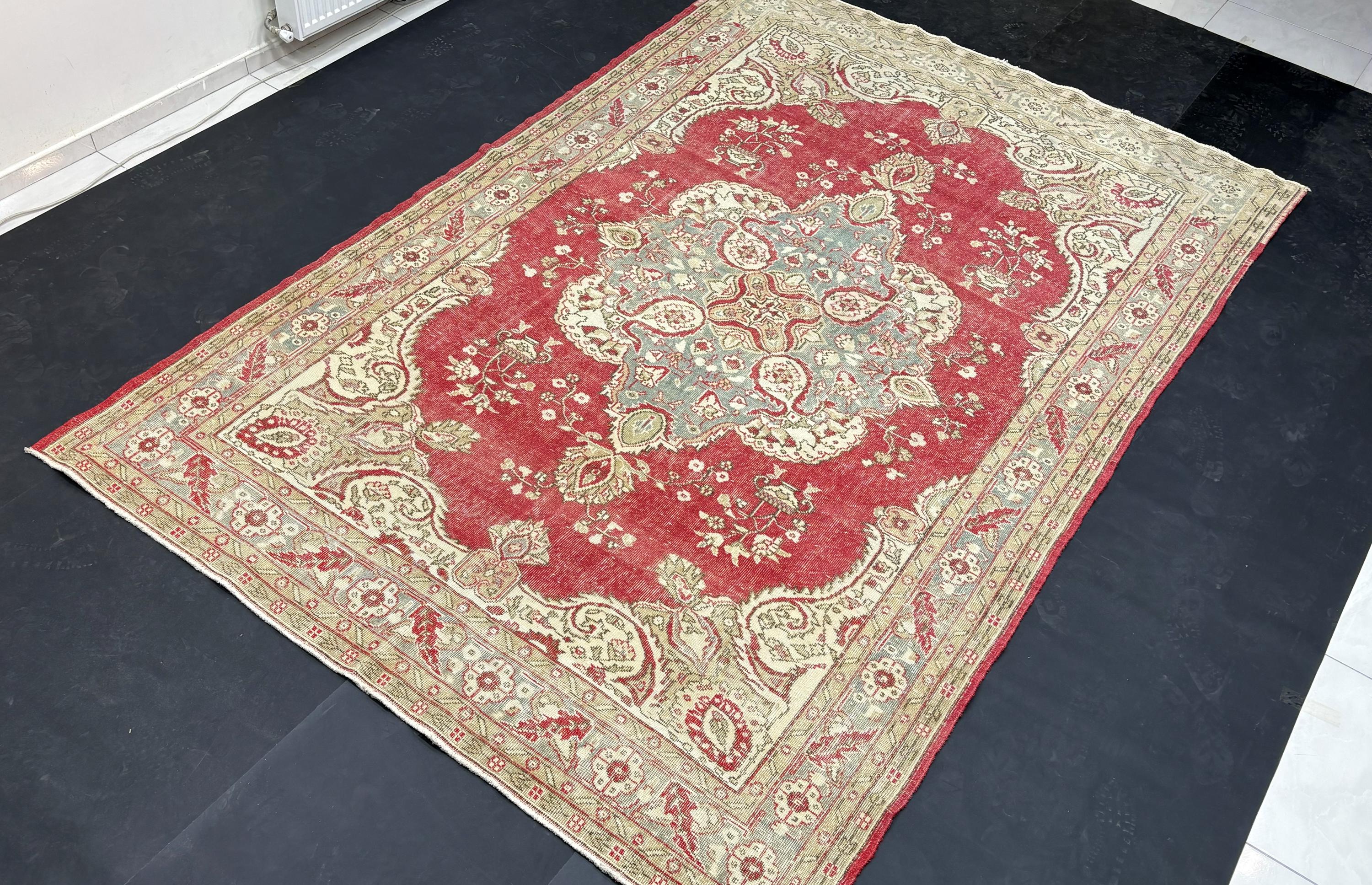 Vintage Turkish Rug 7x11, Wool Area Rug, Red Blue Medallion Rug, Handmade Oushak Living Room Carpet, 1950s Distressed Vintage