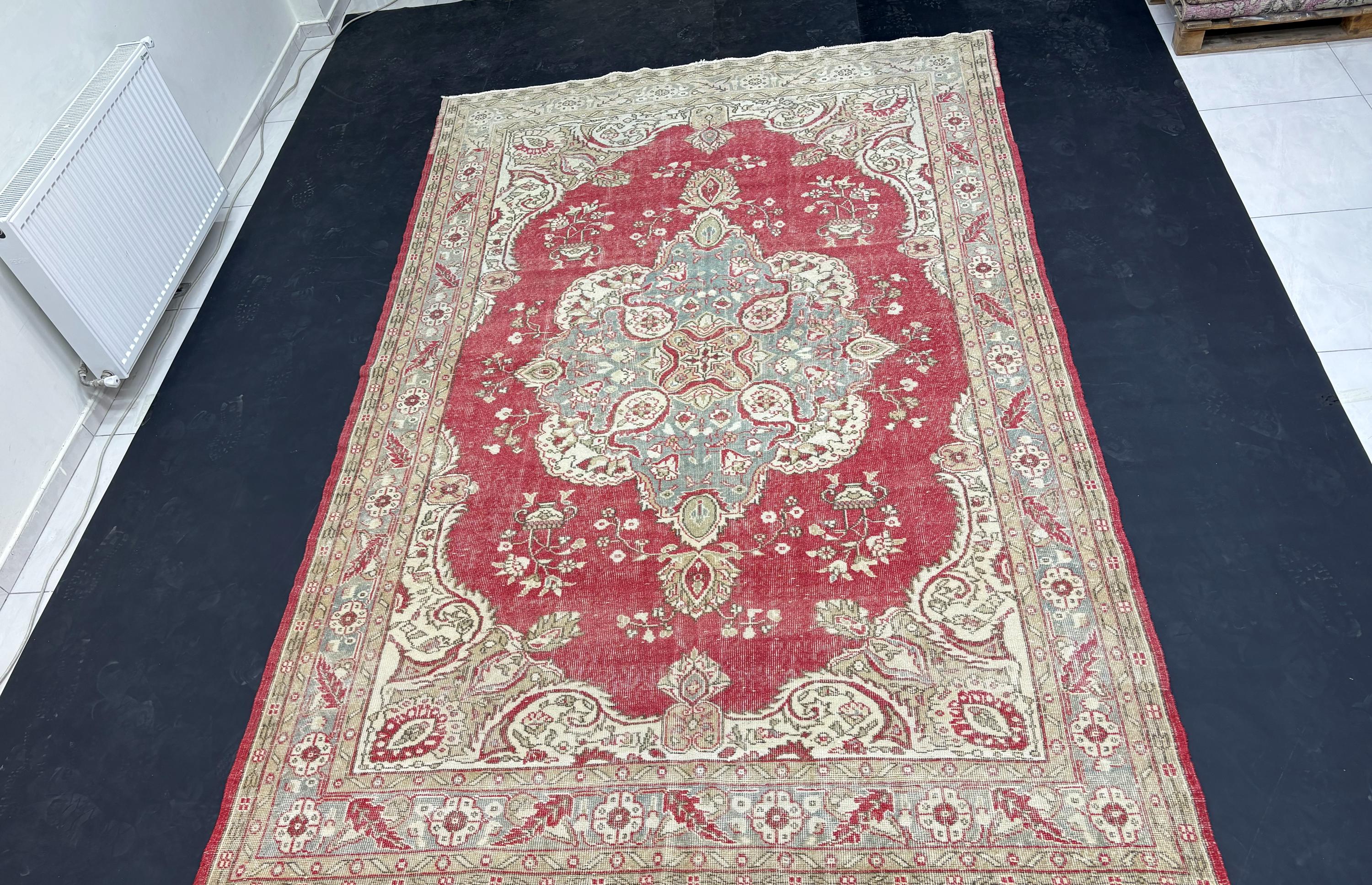 Vintage Turkish Rug 7x11, Wool Area Rug, Red Blue Medallion Rug, Handmade Oushak Living Room Carpet, 1950s Distressed Vintage