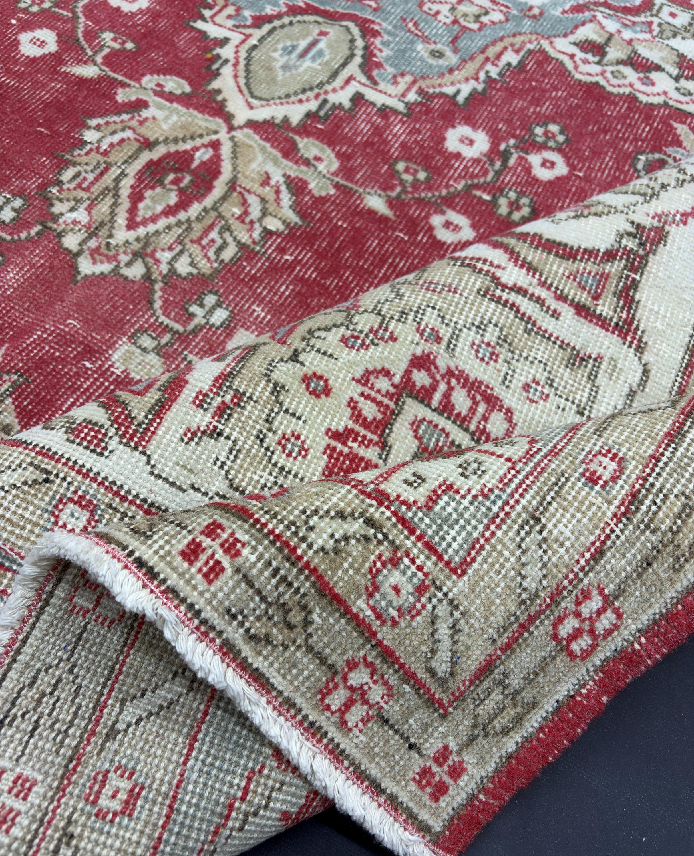 Vintage Turkish Rug 7x11, Wool Area Rug, Red Blue Medallion Rug, Handmade Oushak Living Room Carpet, 1950s Distressed Vintage