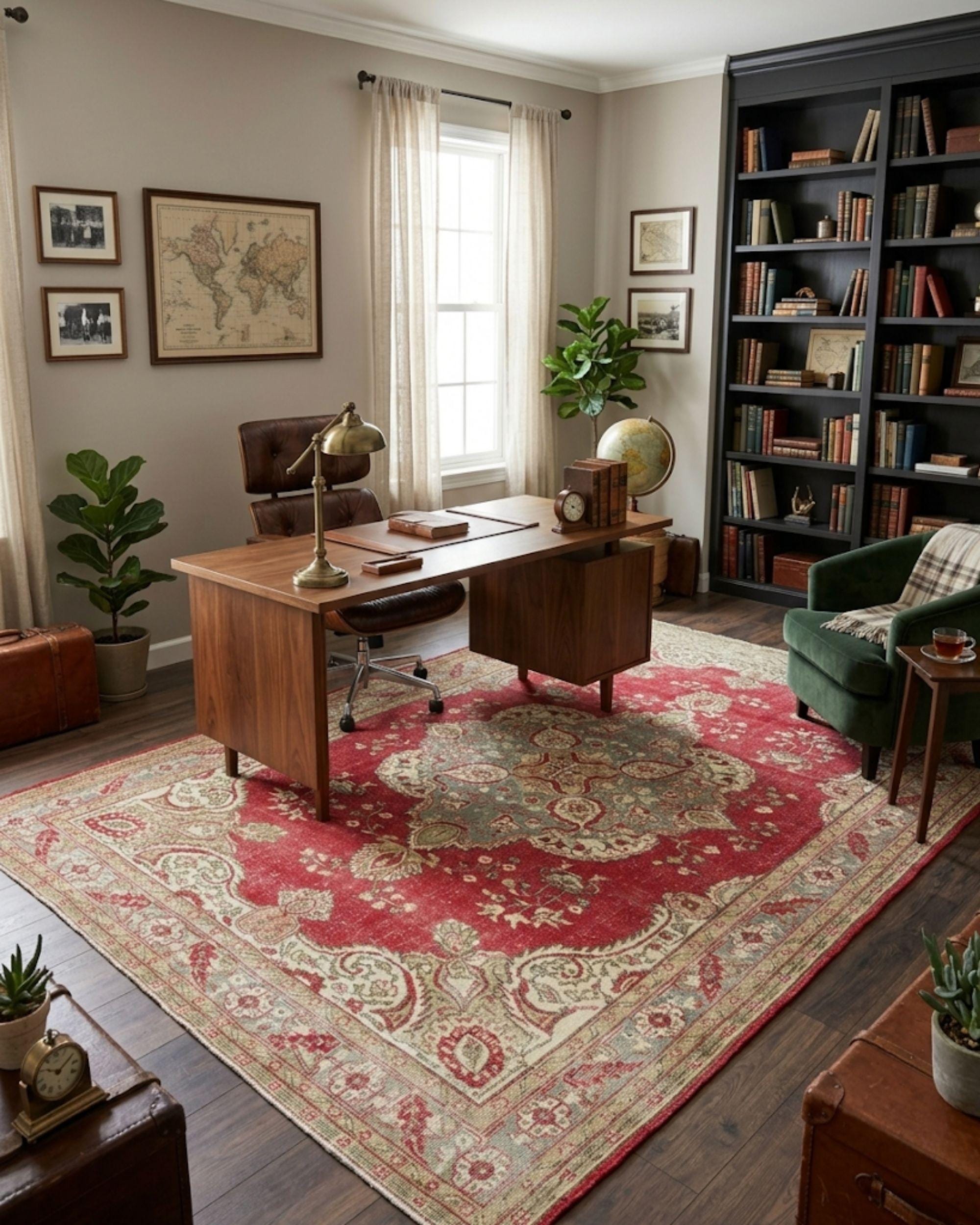 Vintage Turkish Rug 7x11, Wool Area Rug, Red Blue Medallion Rug, Handmade Oushak Living Room Carpet, 1950s Distressed Vintage