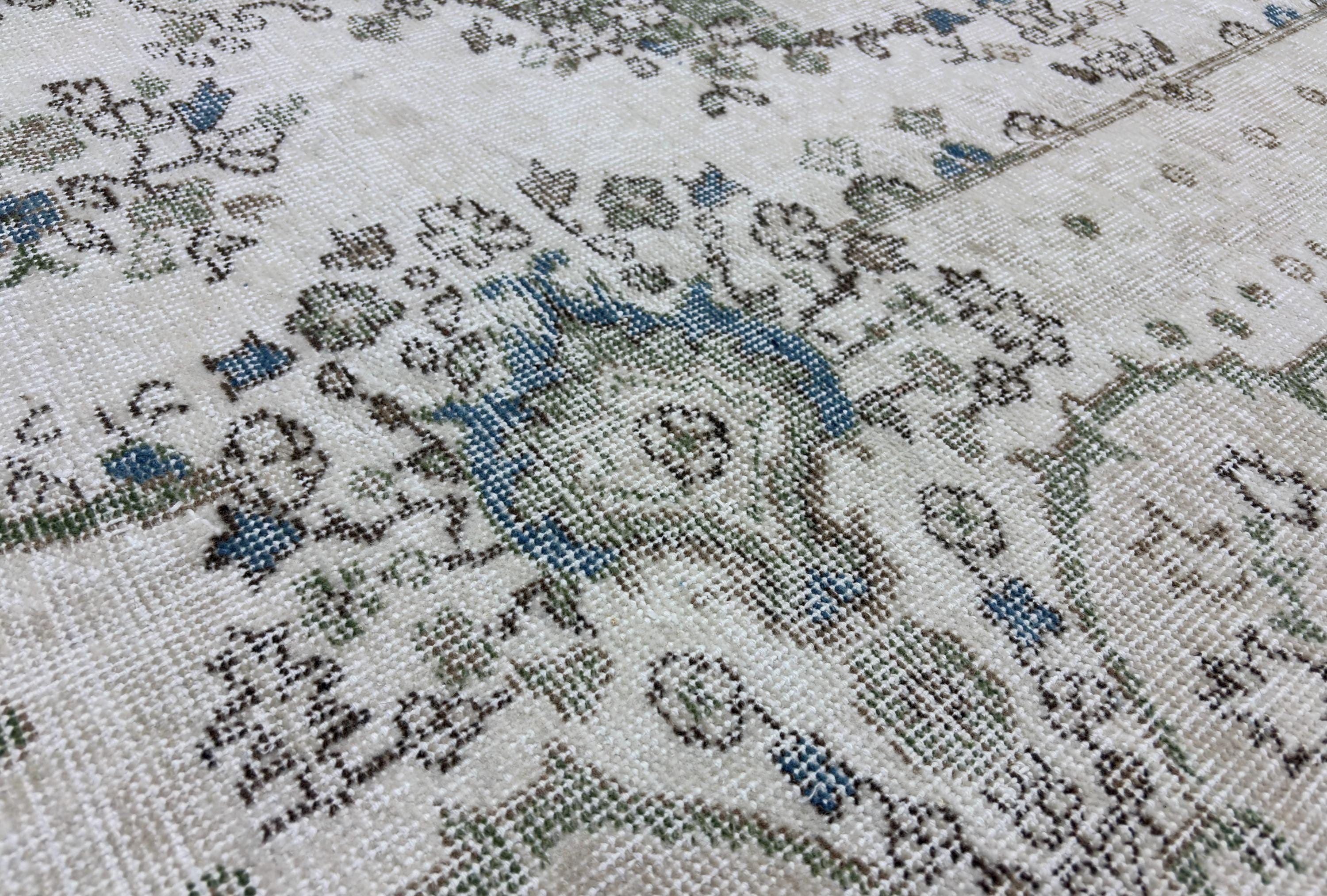 Vintage Turkish Rug 6x10, Distressed Wool Area Rug, Faded Cream Blue Green Rug, Handmade Oushak Living Room Carpet, Vintage