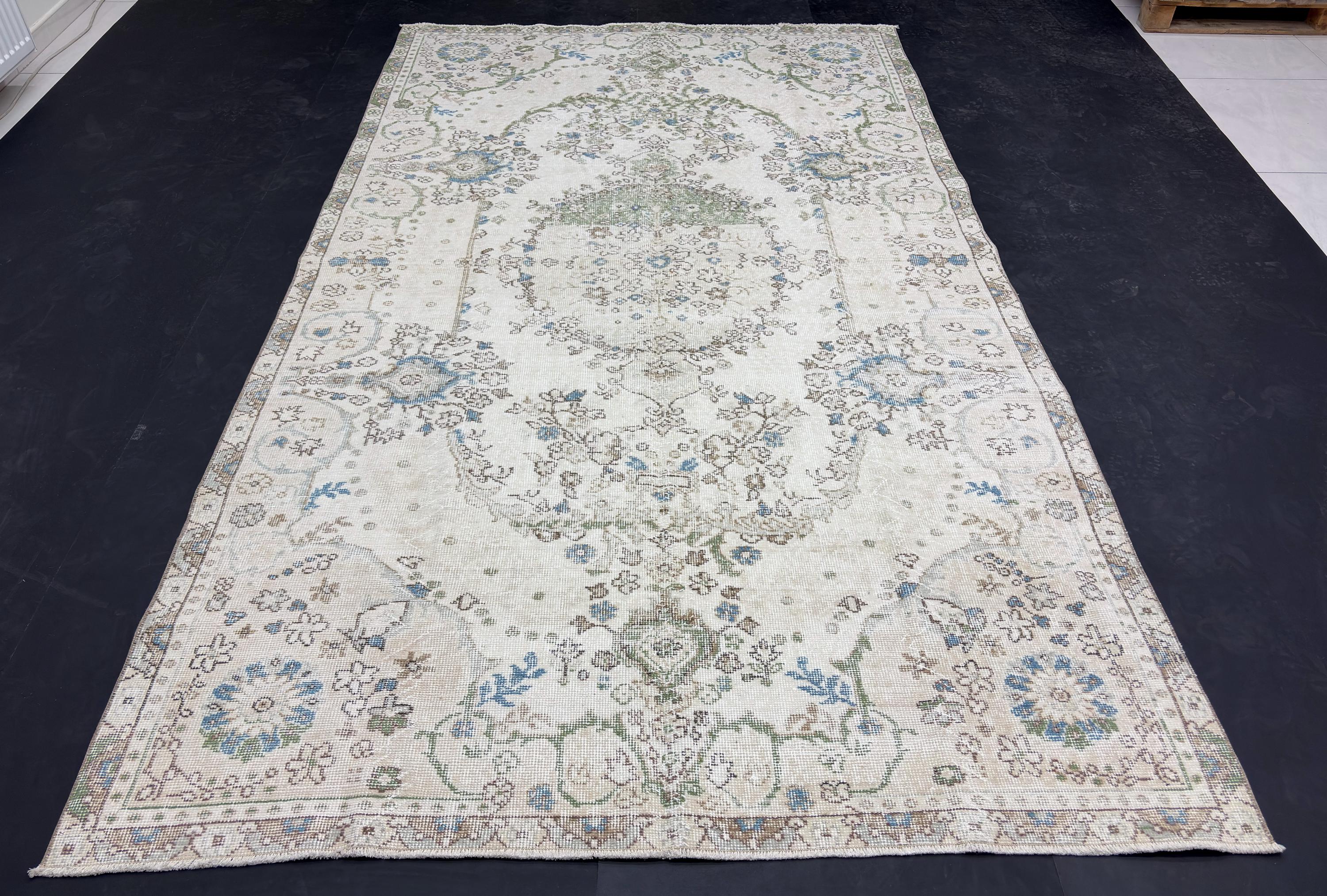 Vintage Turkish Rug 6x10, Distressed Wool Area Rug, Faded Cream Blue Green Rug, Handmade Oushak Living Room Carpet, Vintage