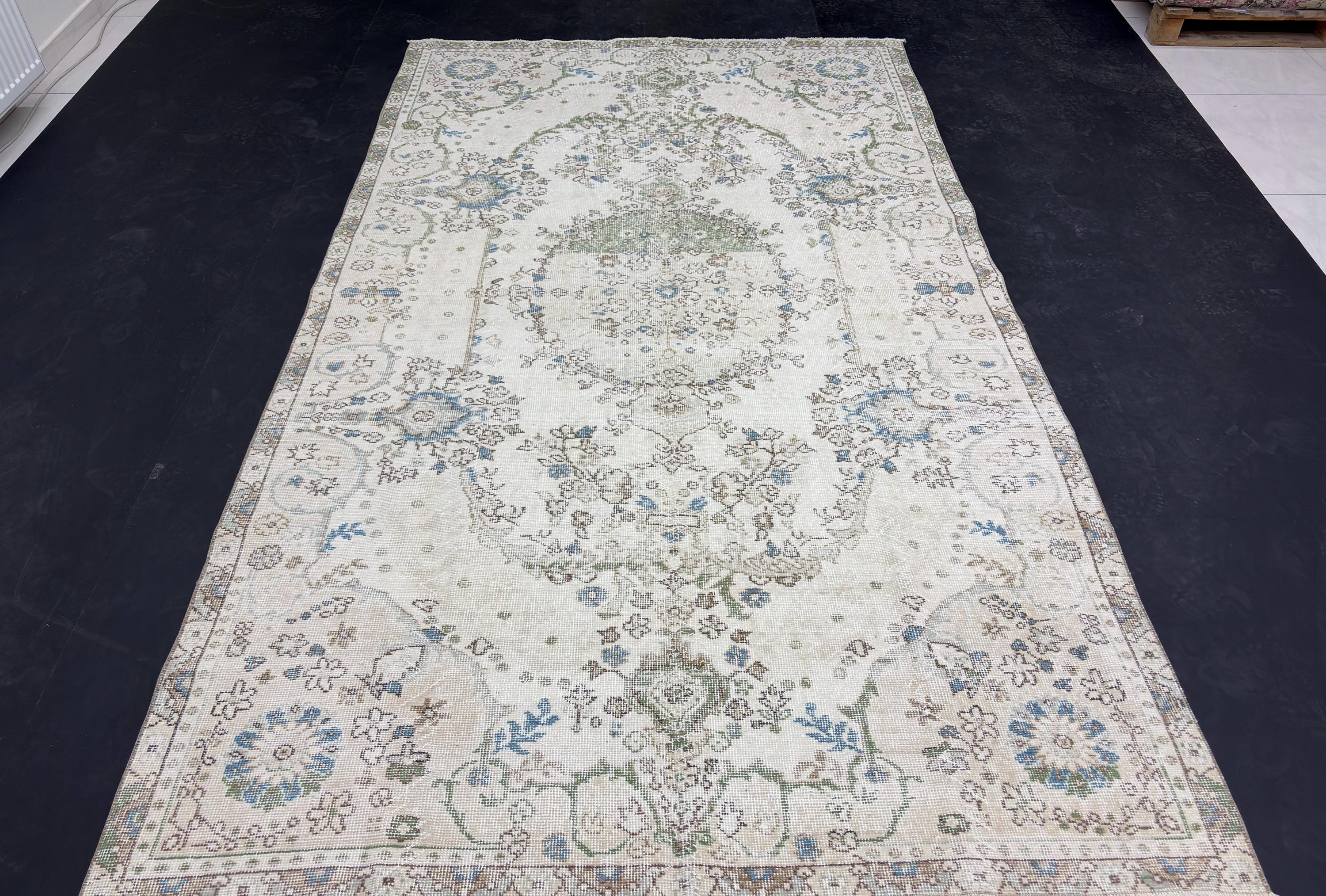 Vintage Turkish Rug 6x10, Distressed Wool Area Rug, Faded Cream Blue Green Rug, Handmade Oushak Living Room Carpet, Vintage