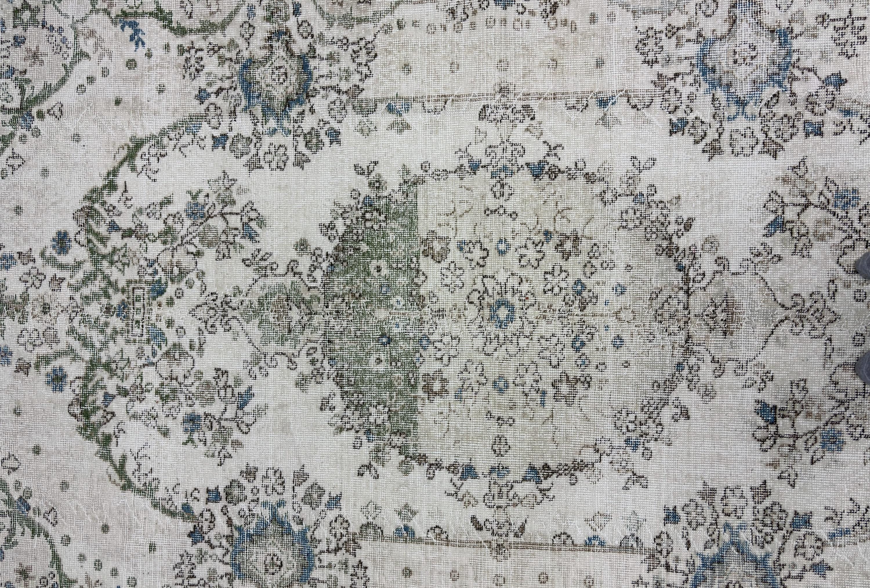 Vintage Turkish Rug 6x10, Distressed Wool Area Rug, Faded Cream Blue Green Rug, Handmade Oushak Living Room Carpet, Vintage