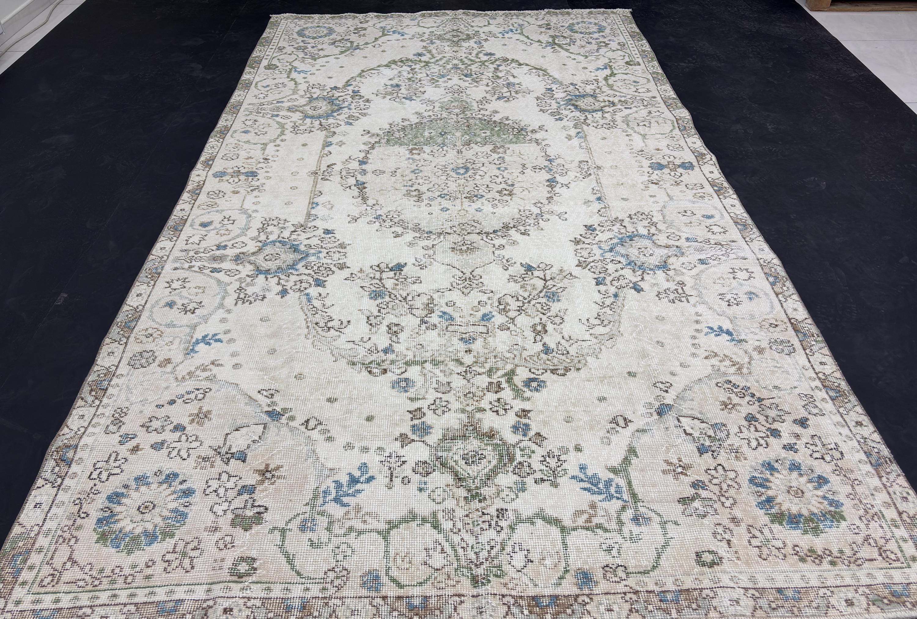 Vintage Turkish Rug 6x10, Distressed Wool Area Rug, Faded Cream Blue Green Rug, Handmade Oushak Living Room Carpet, Vintage