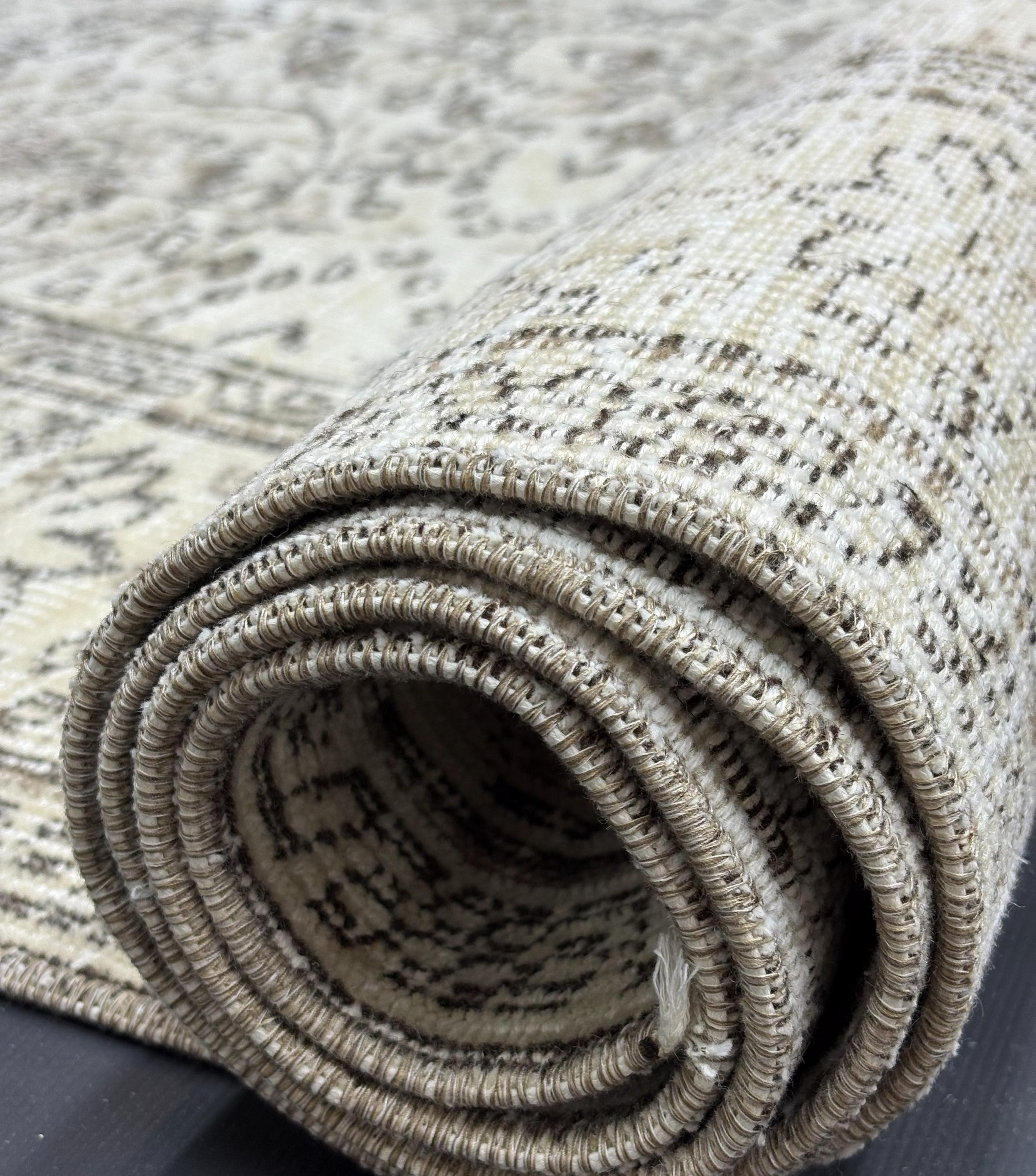 Vintage Rug 5x8, Distressed Wool Area Rug, Faded Ivory Beige Allover Floral Rug, Handmade Living Room Carpet, Muted Neutral