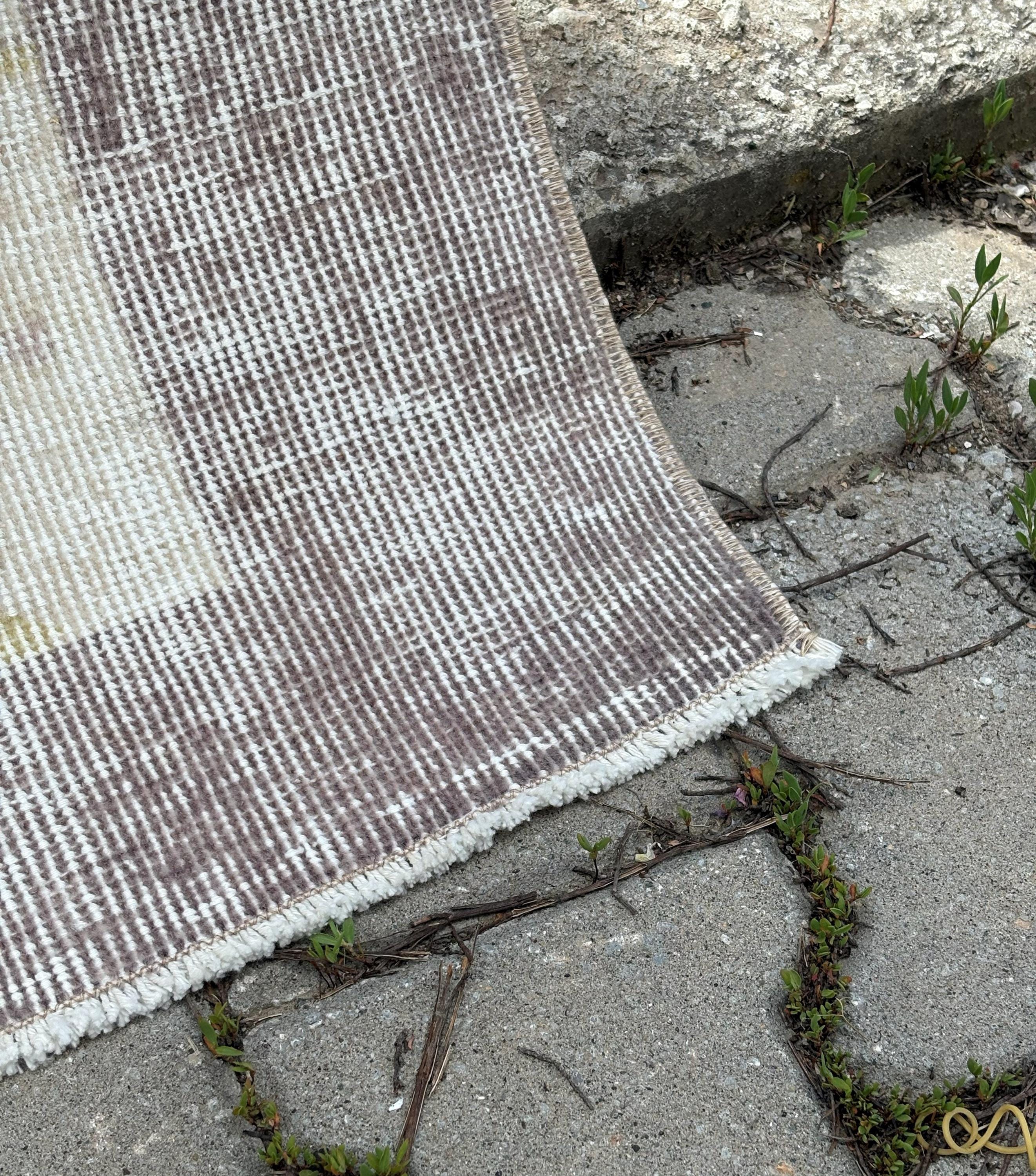 Vintage Rug 4x7, Distressed Wool Area Rug, Faded Cream Mauve Rug, Handmade Small Area Rug, Muted Boho Vintage Floral Living