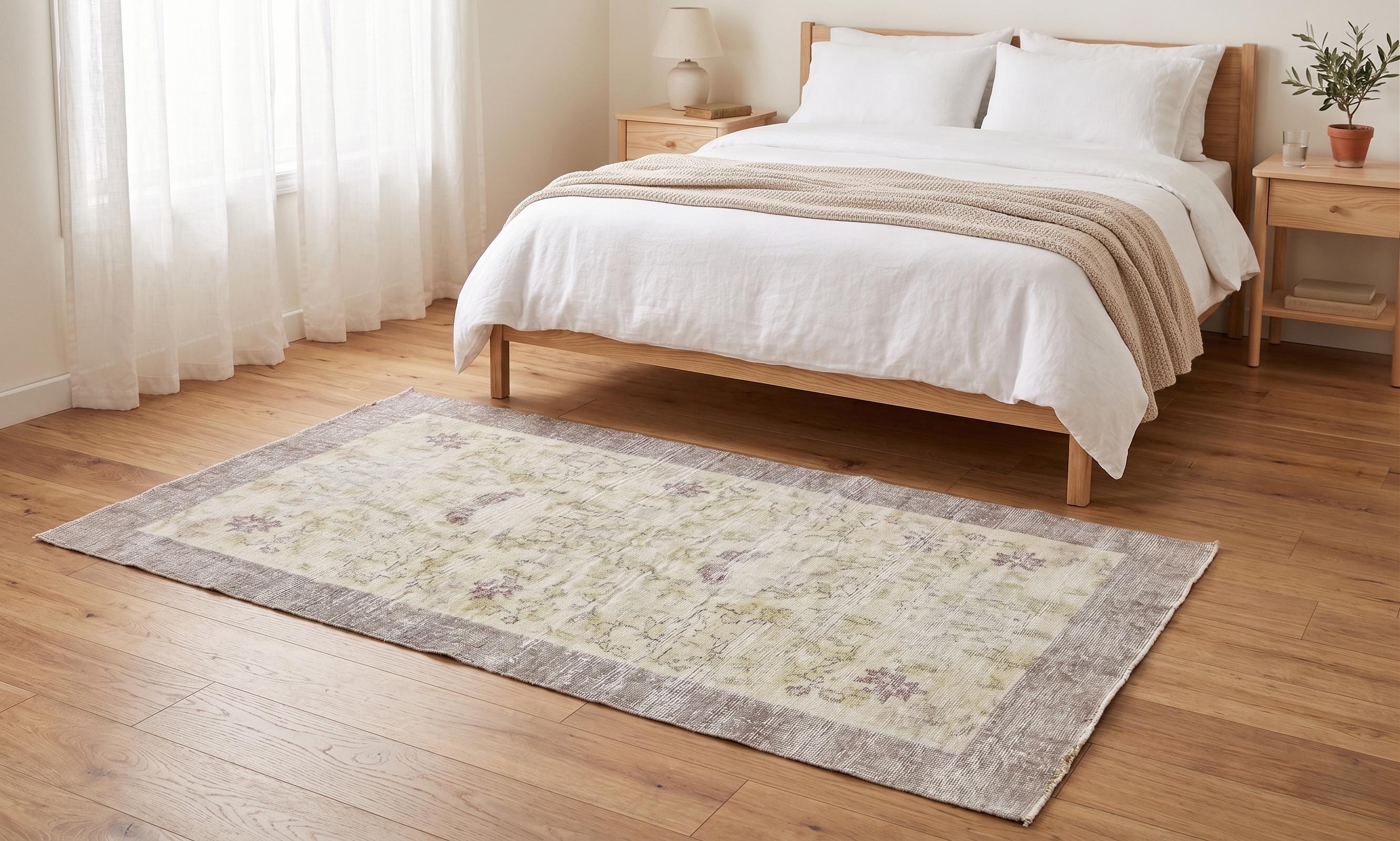 Vintage Rug 4x7, Distressed Wool Area Rug, Faded Cream Mauve Rug, Handmade Small Area Rug, Muted Boho Vintage Floral Living