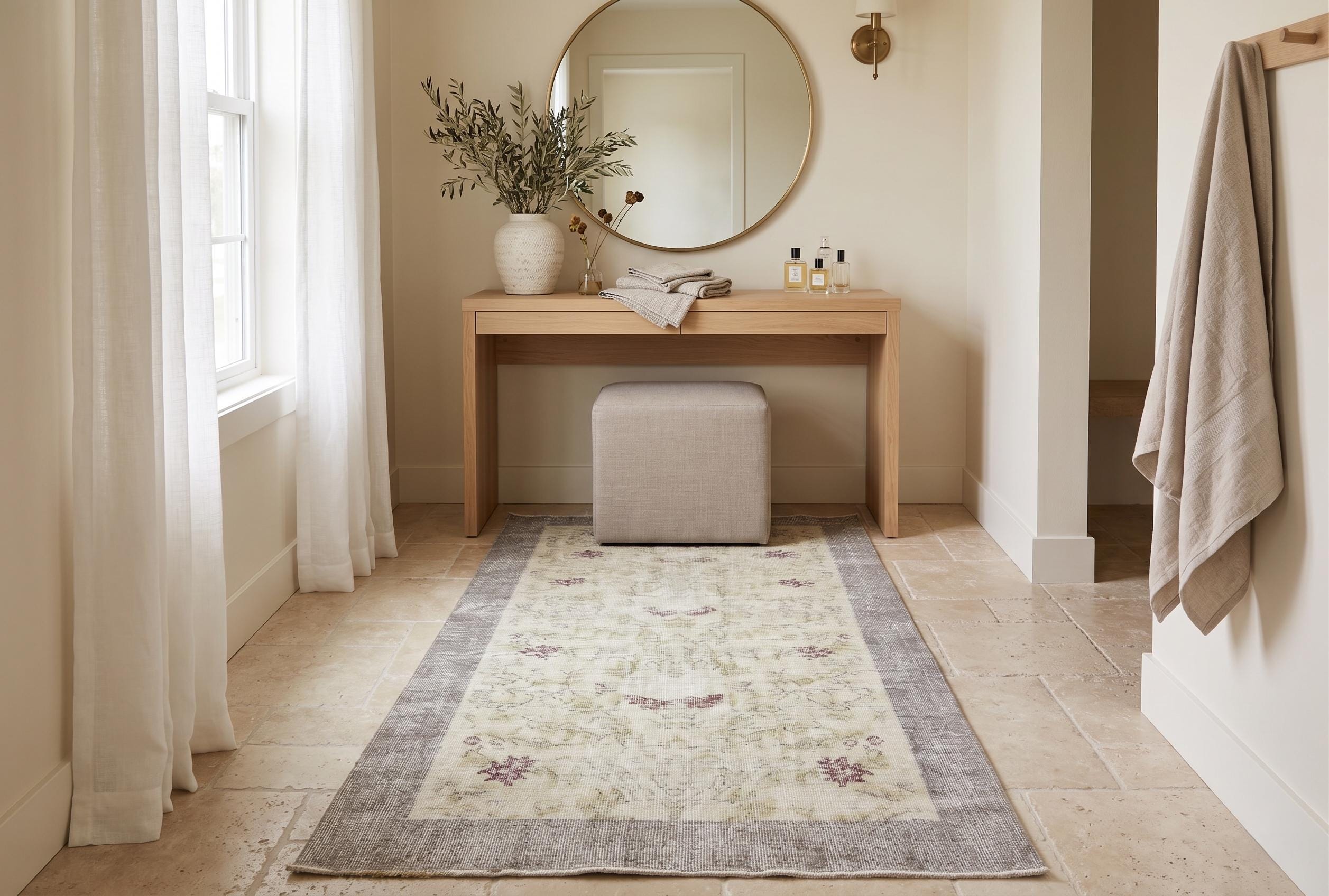 Vintage Rug 4x7, Distressed Wool Area Rug, Faded Cream Mauve Rug, Handmade Small Area Rug, Muted Boho Vintage Floral Living