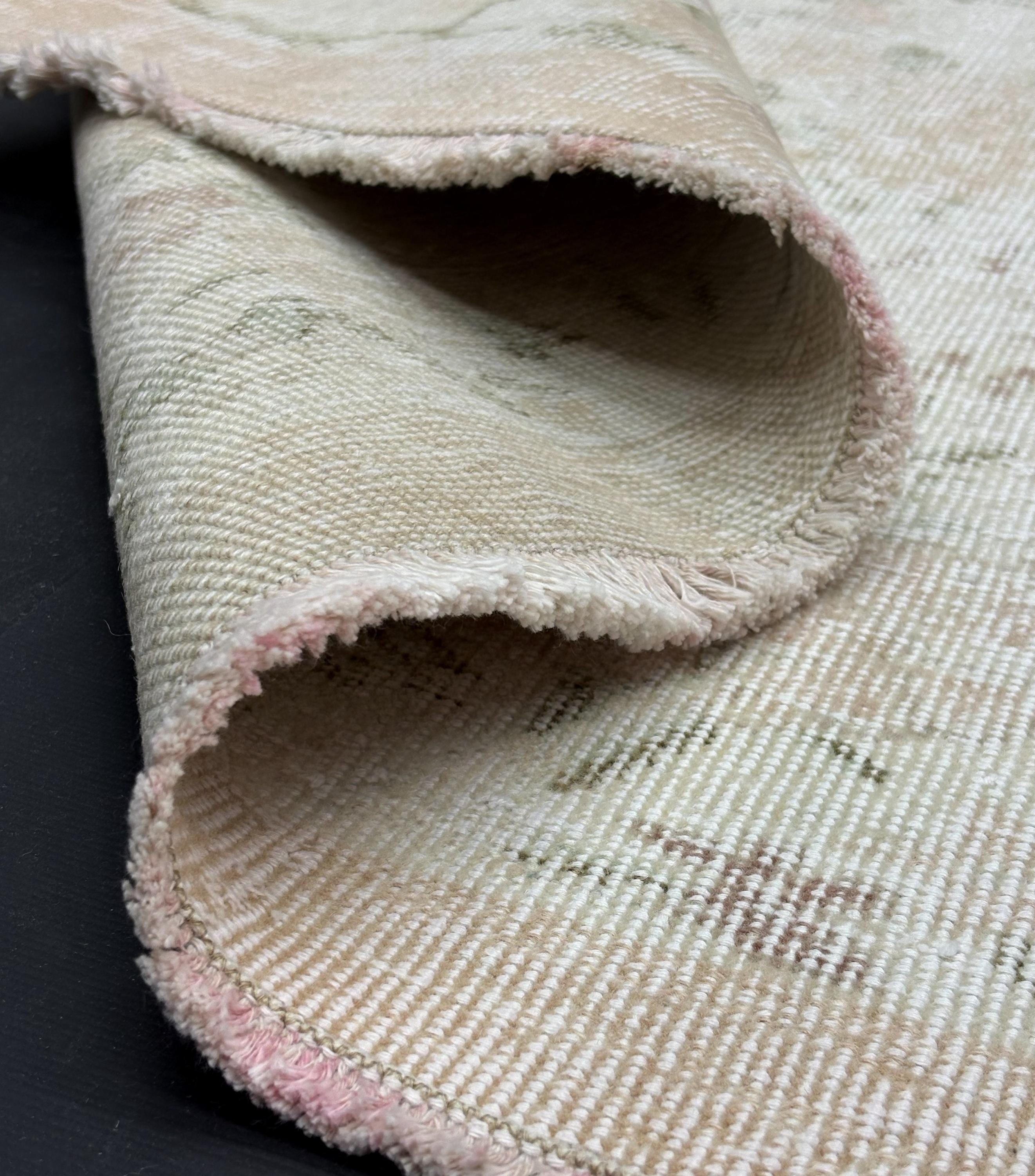 Small Wool Area Rug, Faded Peach Cream Floral Rug, Handmade Distressed Bedroom Rug, Shabby Chic Cottage Vintage Rug
