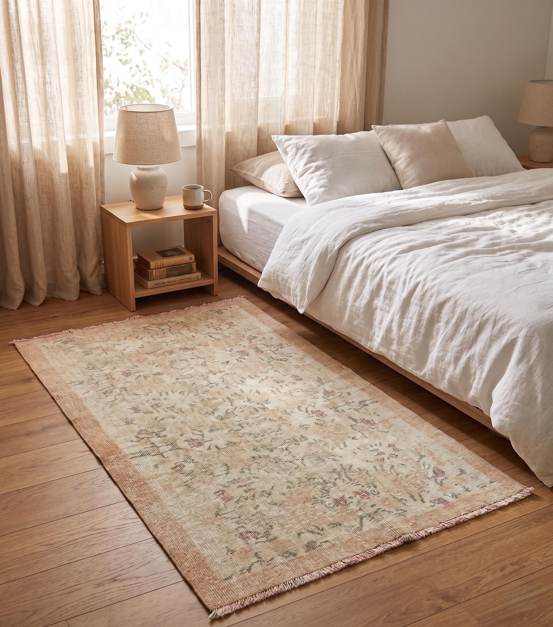 Small Wool Area Rug, Faded Peach Cream Floral Rug, Handmade Distressed Bedroom Rug, Shabby Chic Cottage Vintage Rug
