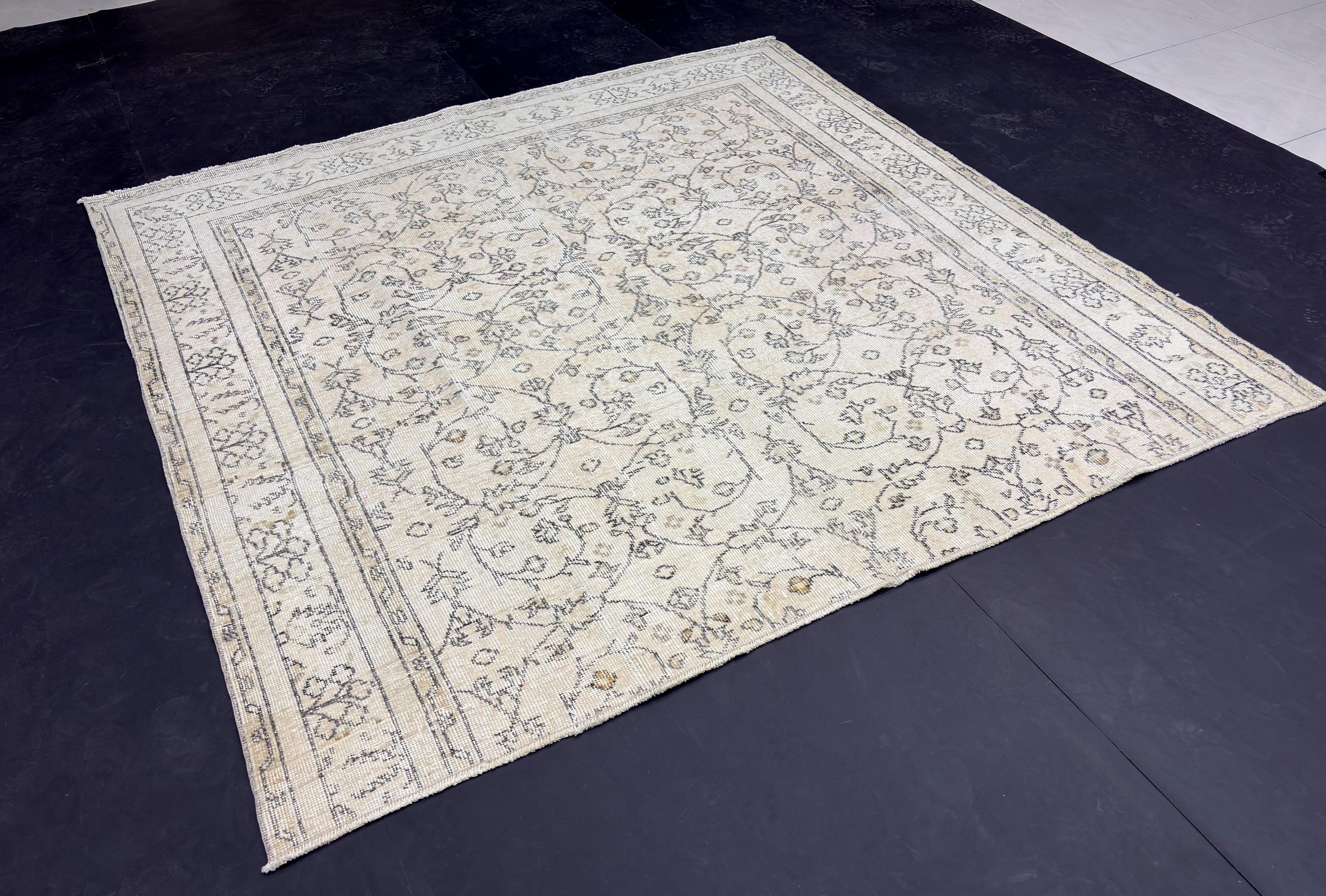 Vintage Turkish Square Rug 7x7, Distressed Ivory Wool Area Rug, 1980s Handmade Faded Floral Oushak Style Rug, Neutral Beige