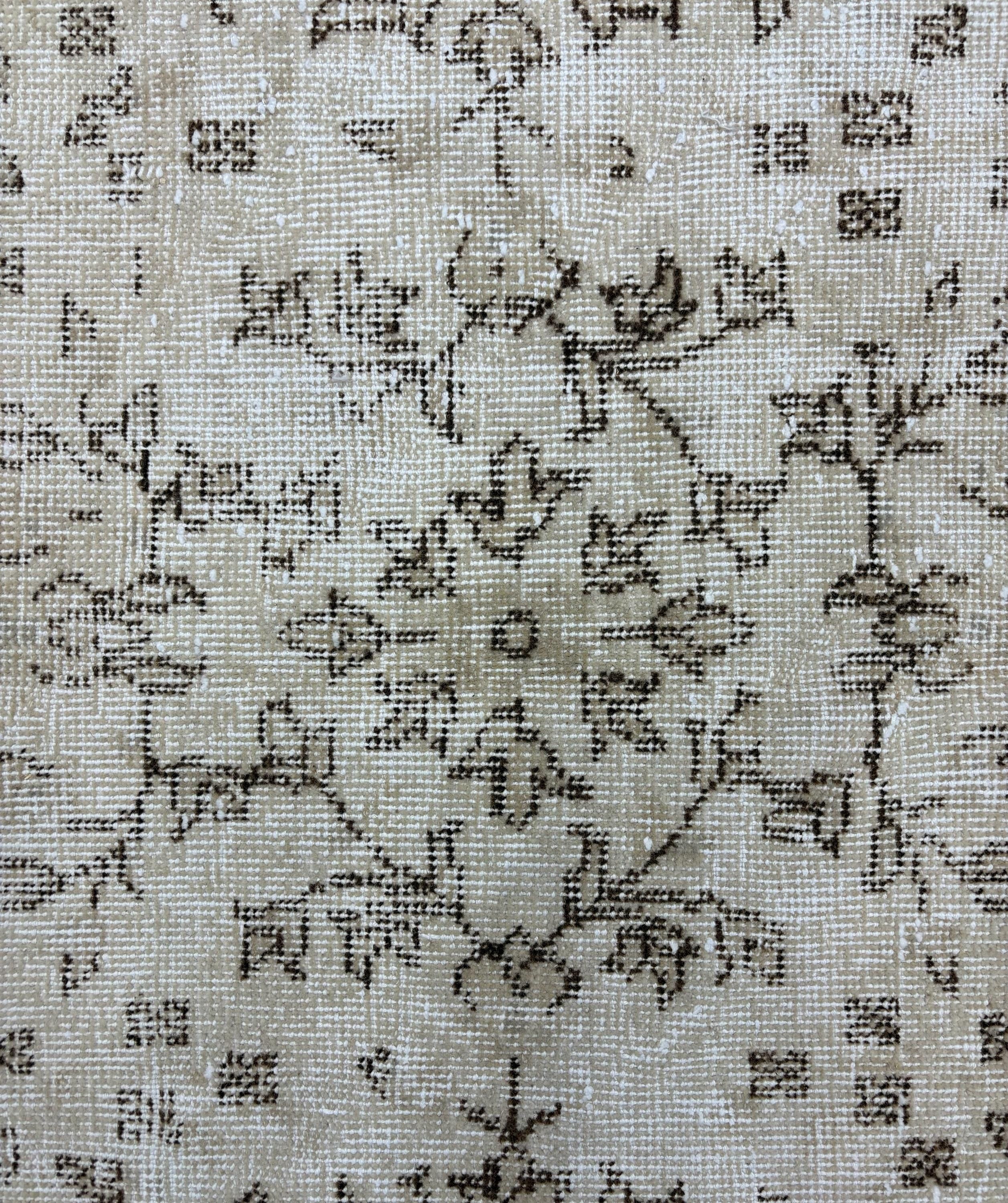 Vintage Turkish Rug 7x10, Distressed Beige Wool Area Rug, 1980s Handmade Faded Herati Floral Oushak, Neutral Sand Boho Living