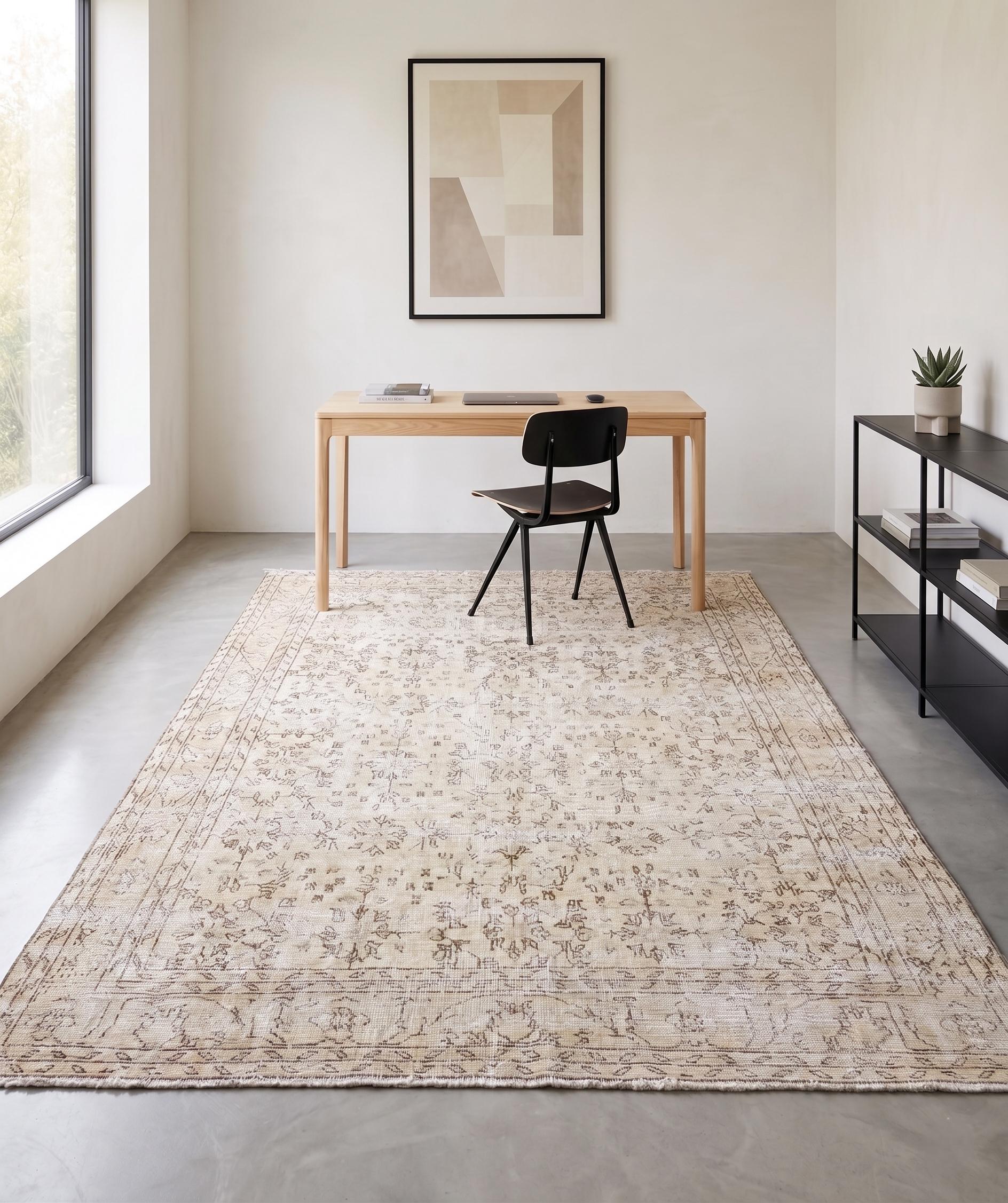 Vintage Turkish Rug 7x10, Distressed Beige Wool Area Rug, 1980s Handmade Faded Herati Floral Oushak, Neutral Sand Boho Living