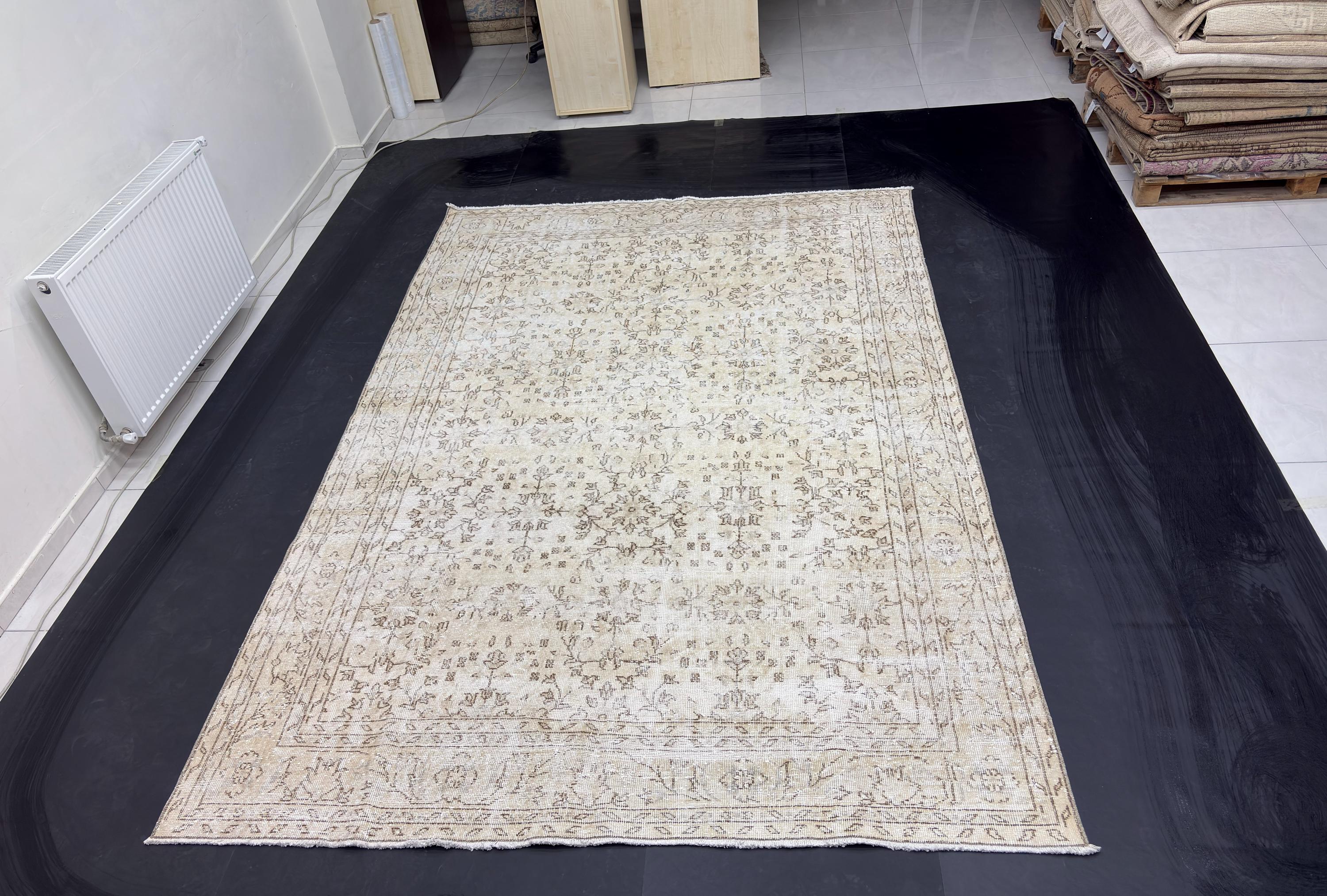 Vintage Turkish Rug 7x10, Distressed Beige Wool Area Rug, 1980s Handmade Faded Herati Floral Oushak, Neutral Sand Boho Living