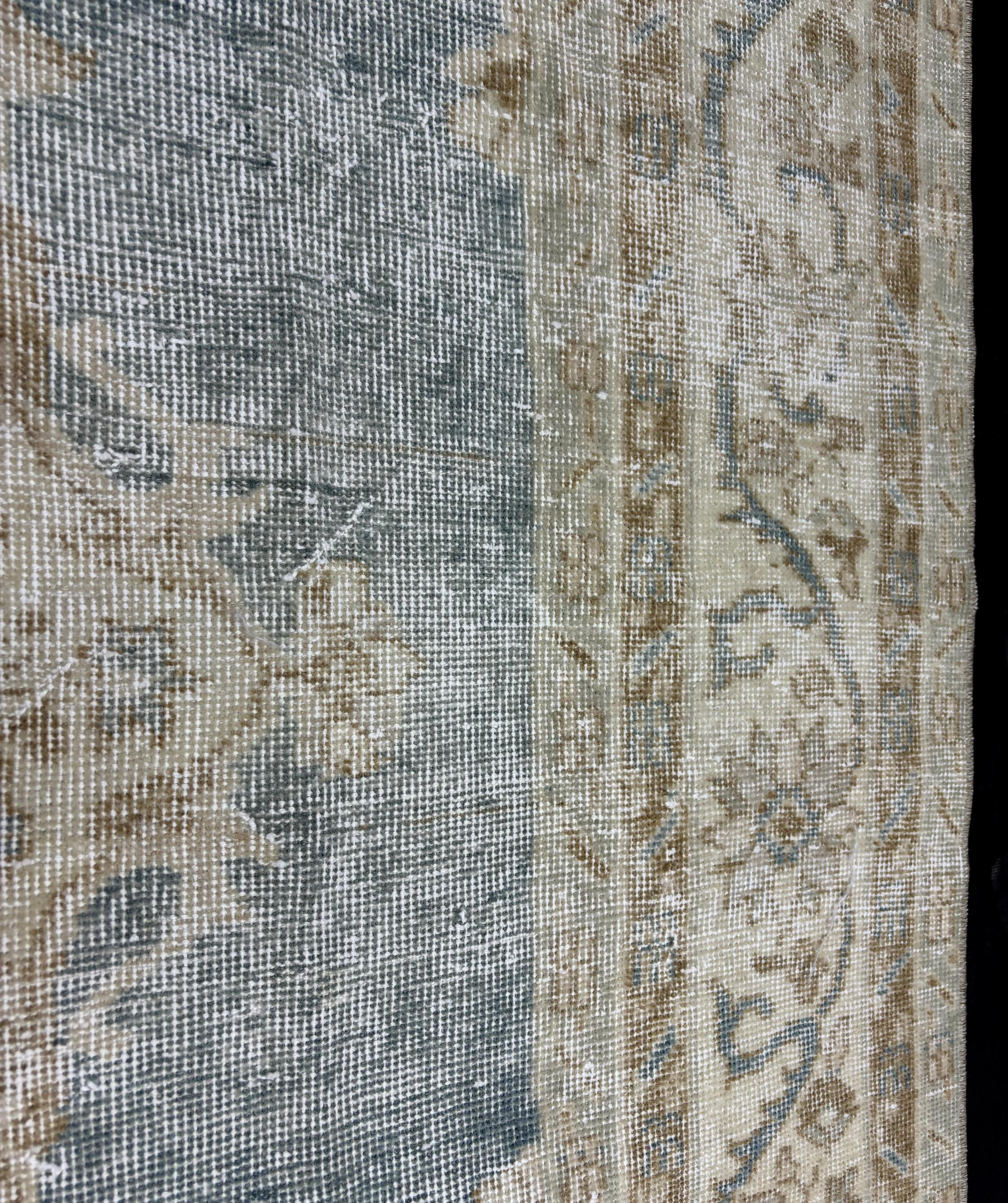 1980s Vintage Turkish Wool Rug, Blue Beige Anatolian Area Rug, Large Distressed Oushak Style Rug, 206x308 cm