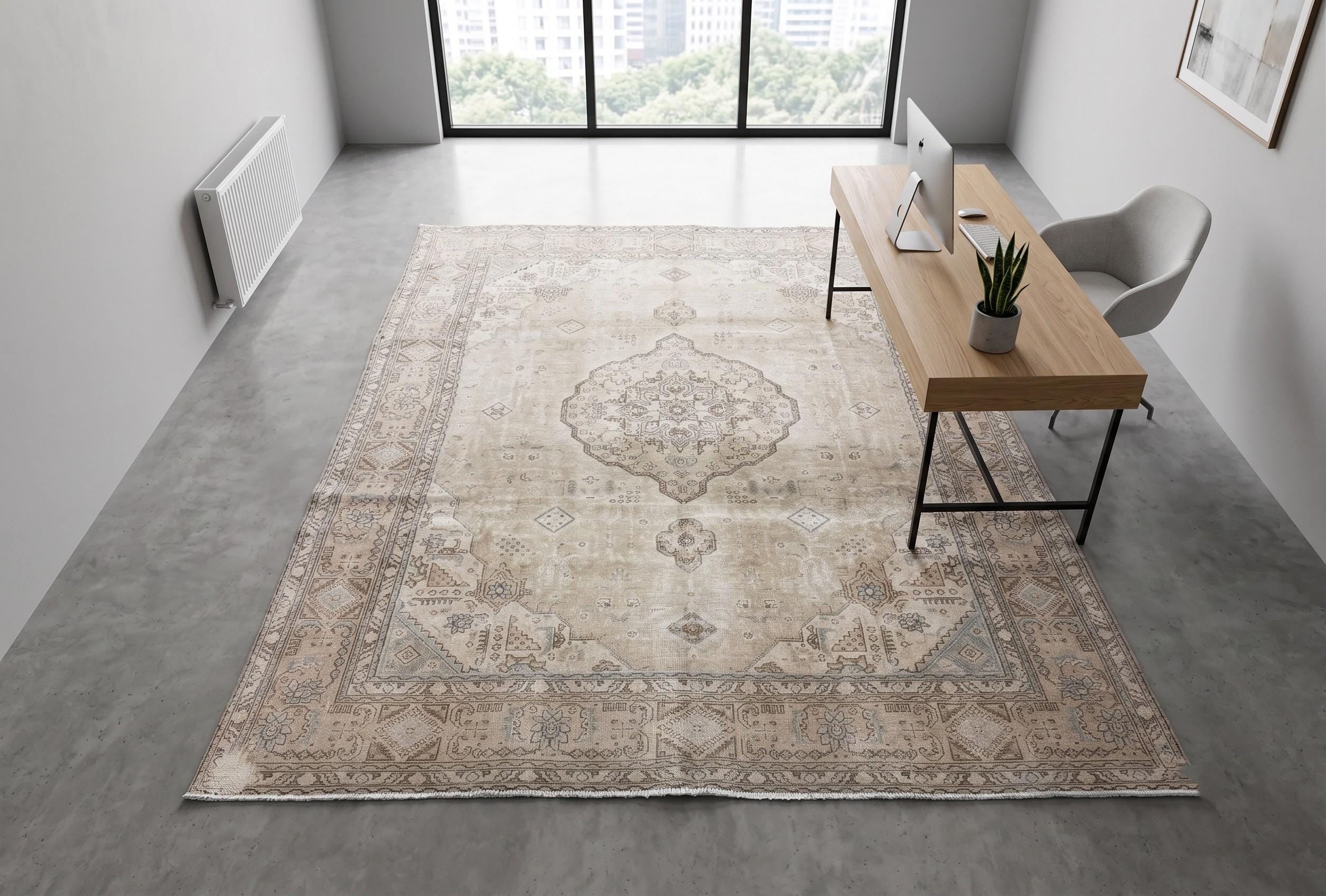 9.5x12.3 Vintage Rug | Handwoven Wool Carpet | Neutral Anatolian Area Rug | Large Muted Oushak | 1980s Living Room Decor