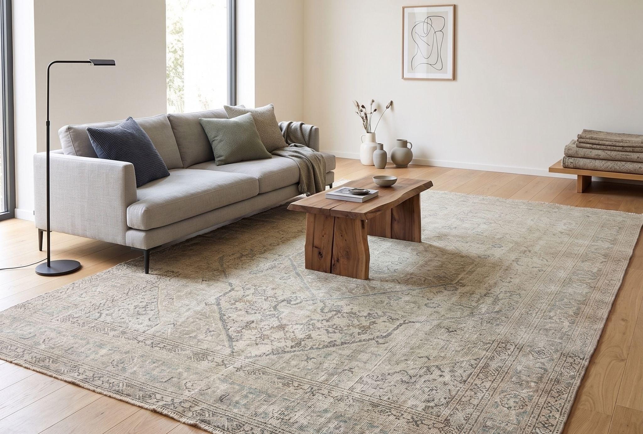 9x13 Vintage Wool Area Rug | Anatolian Oushak Carpet | Faded Neutral Beige Rug | 1980s Handwoven Turkish Rug For Minimalist
