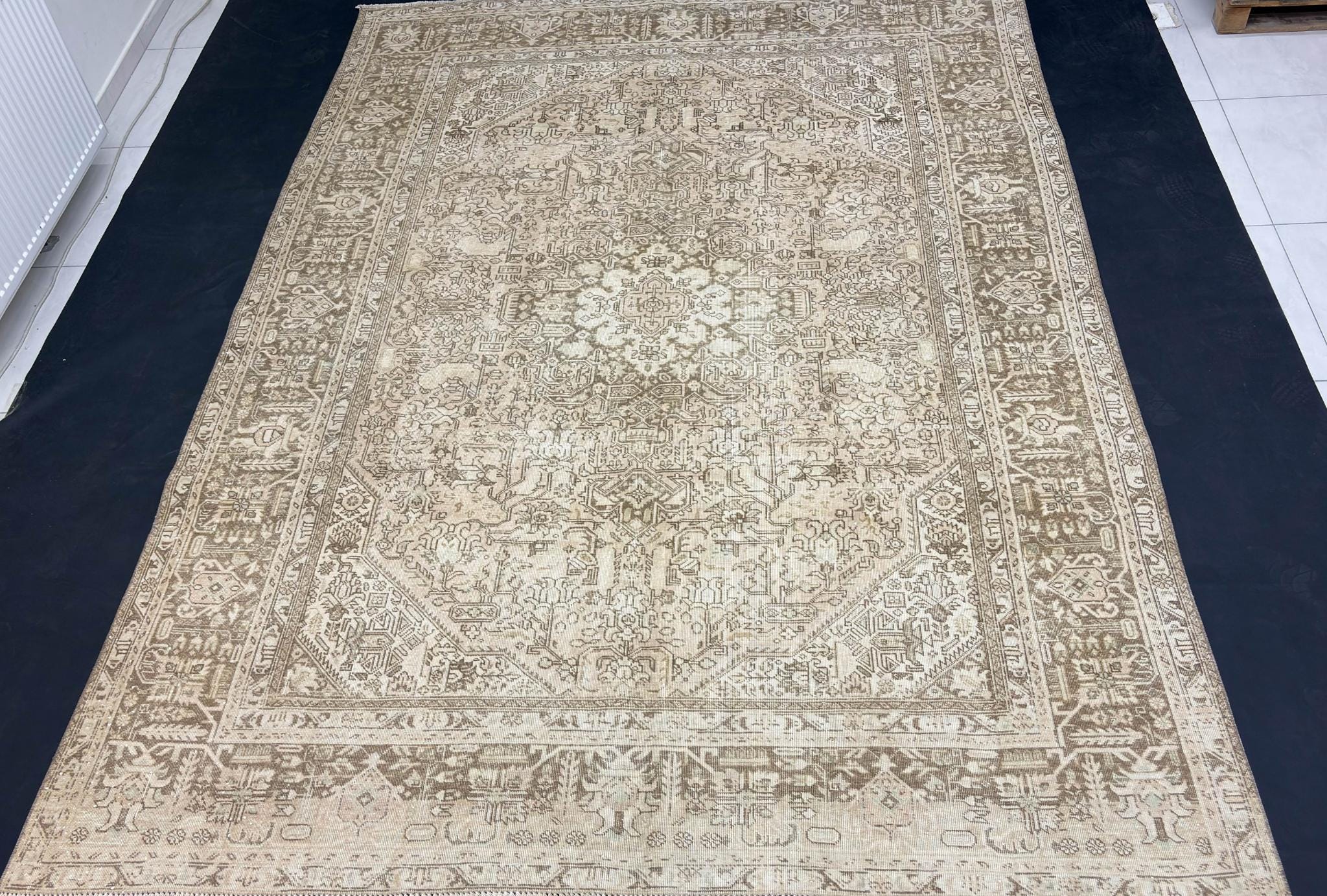 Vintage Anatolian Wool Rug 8x11 | Handwoven Neutral Beige Carpet | Large Muted Living Room Area Rug | 1980s Boho Home Decor