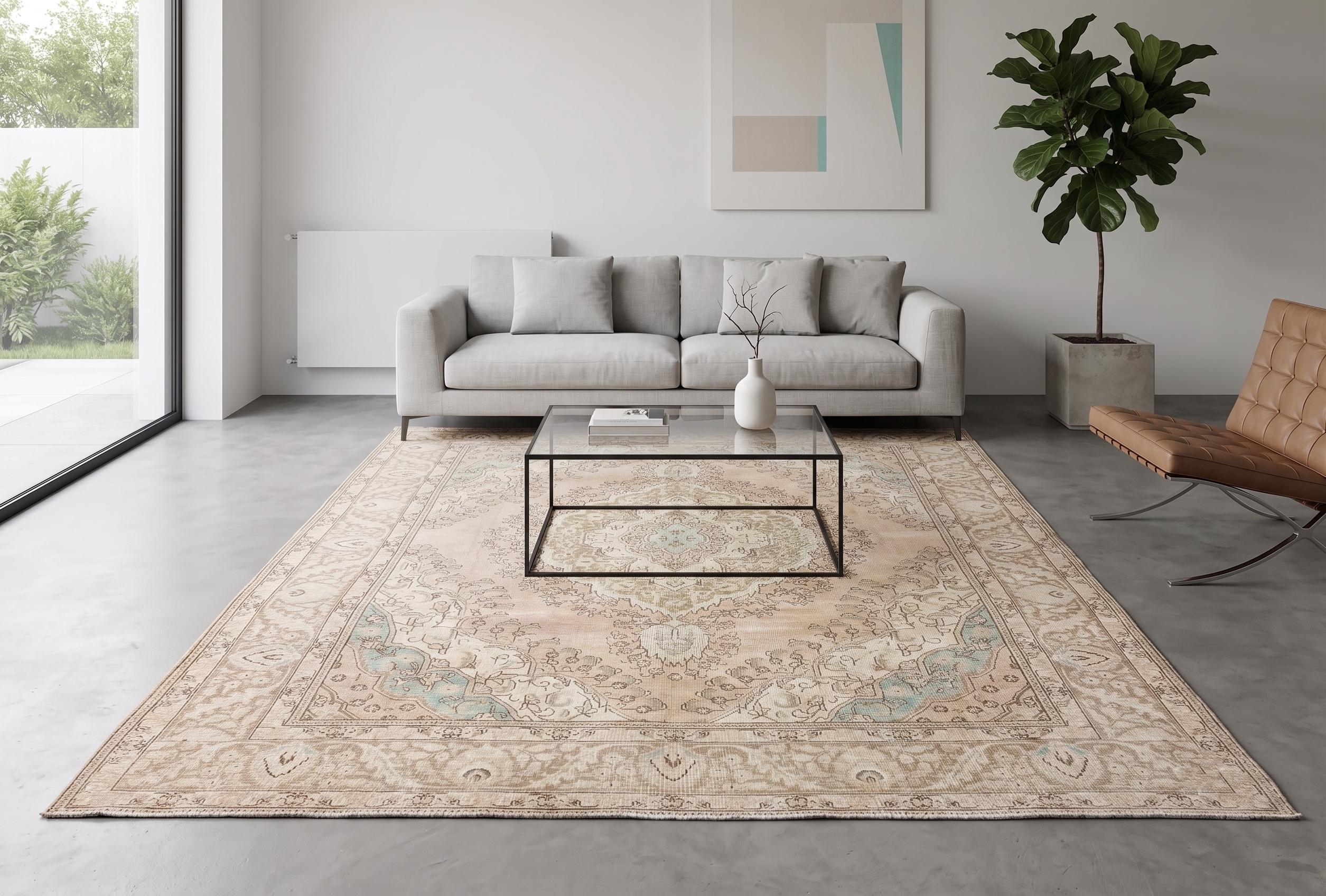 Large 9x12 Vintage Anatolian Rug | Muted Beige and Pale Blue Oushak Carpet | Handwoven Wool Area Rug, Living Room Bedroom