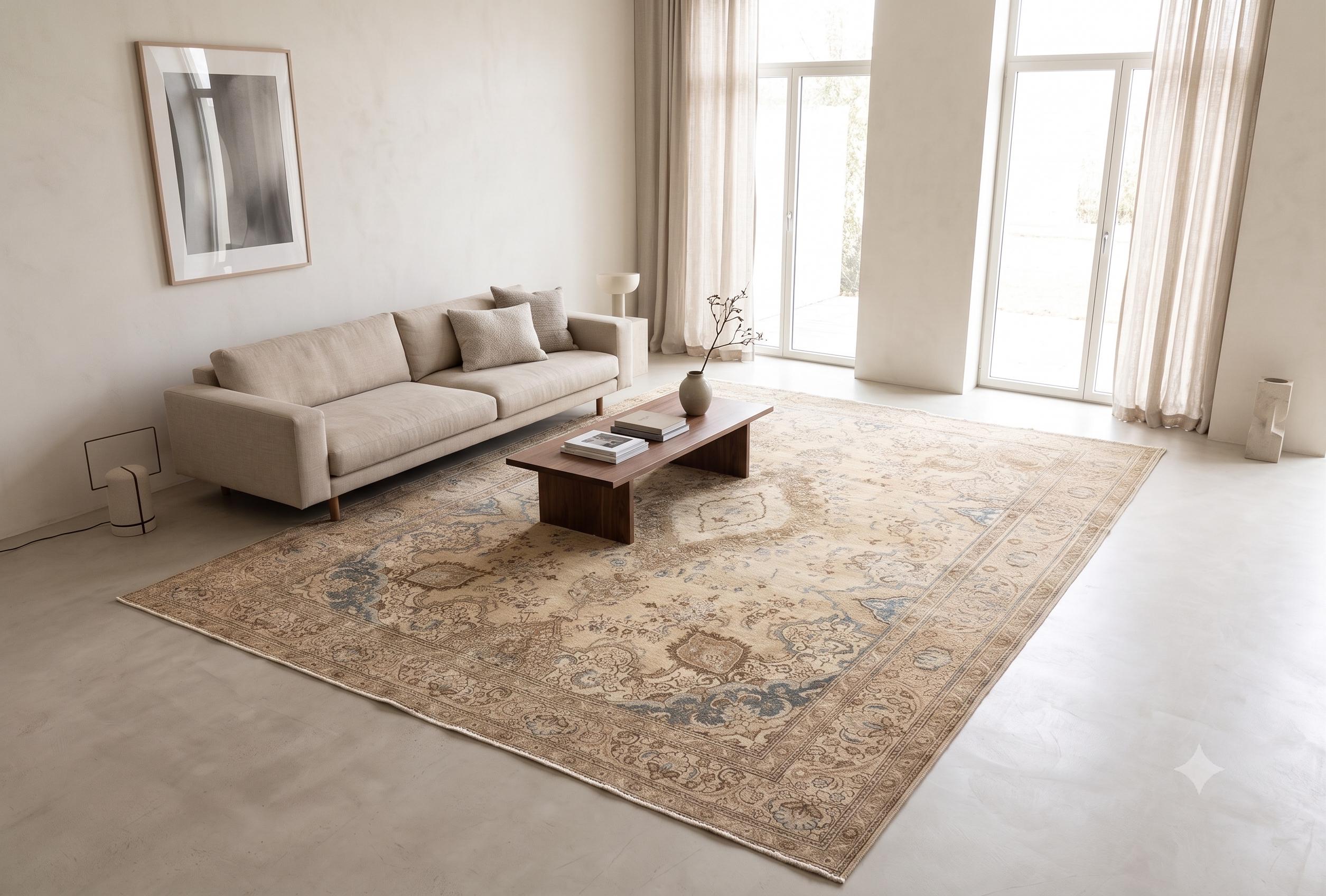 Oversized Vintage Rug 10x13 ft, Handwoven Distressed Wool Rug, Large Living Room | Traditional Beige Blue Anatolian Area Rug