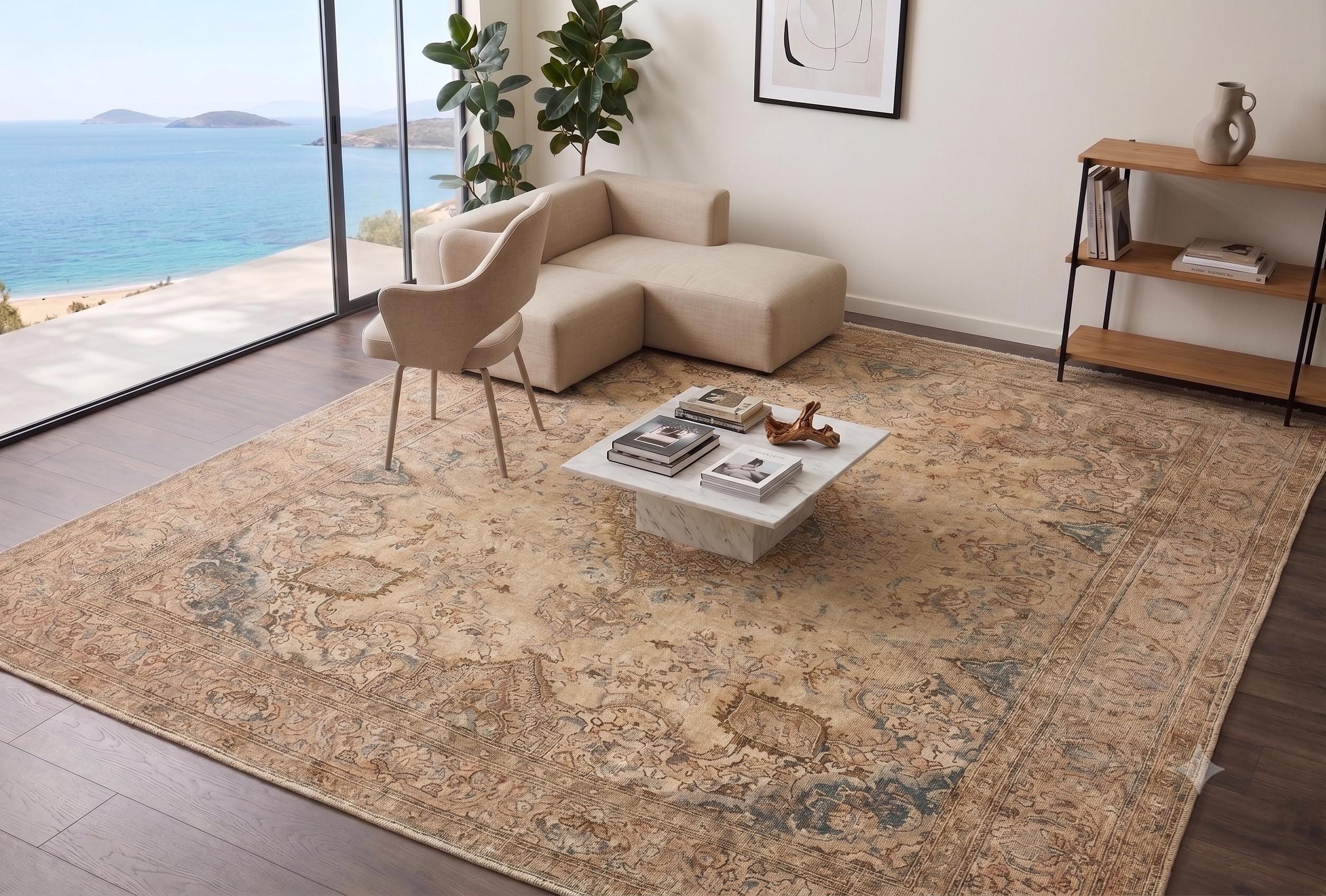 Oversized Vintage Rug 10x13 ft, Handwoven Distressed Wool Rug, Large Living Room | Traditional Beige Blue Anatolian Area Rug