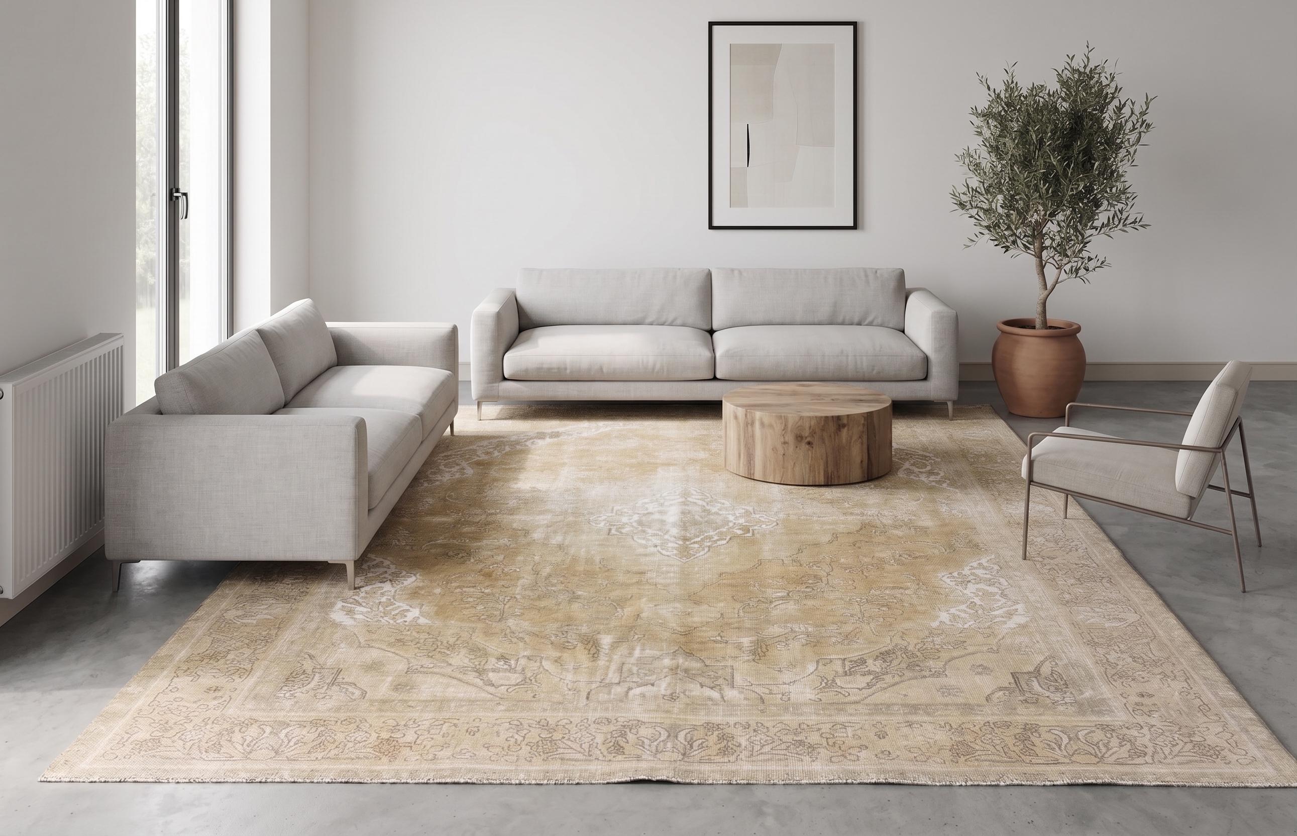 Hand-Woven Vintage Wool Rug 9.5x12ft, Distressed Yellow Area Carpet, Large Medallion Pattern Floor Covering, Living Room