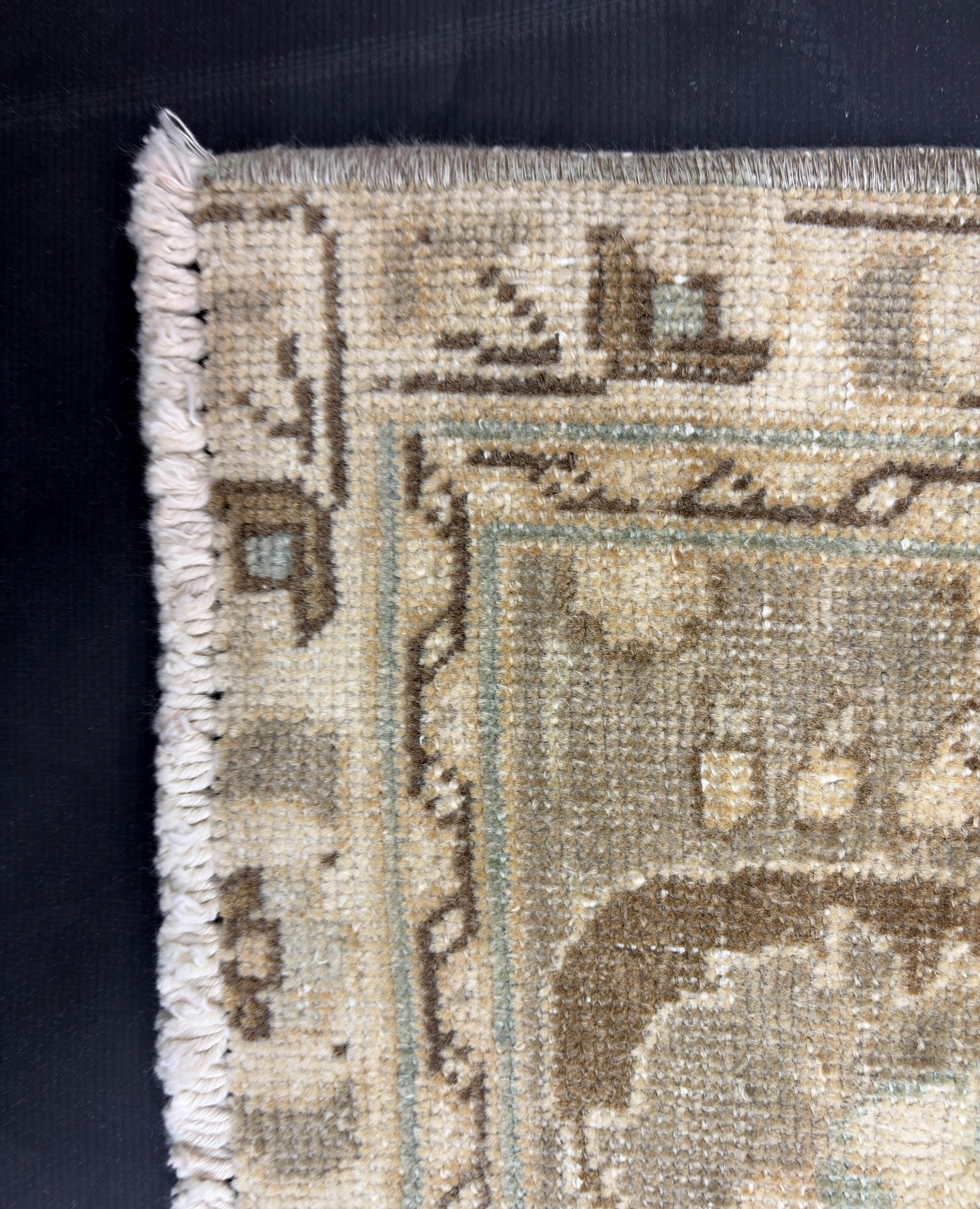 Handwoven Wool Area Rug, Beige Gold Distressed 9x12, Large Turkish 1980s Carpet, Neutral Floral Pattern for Living Room