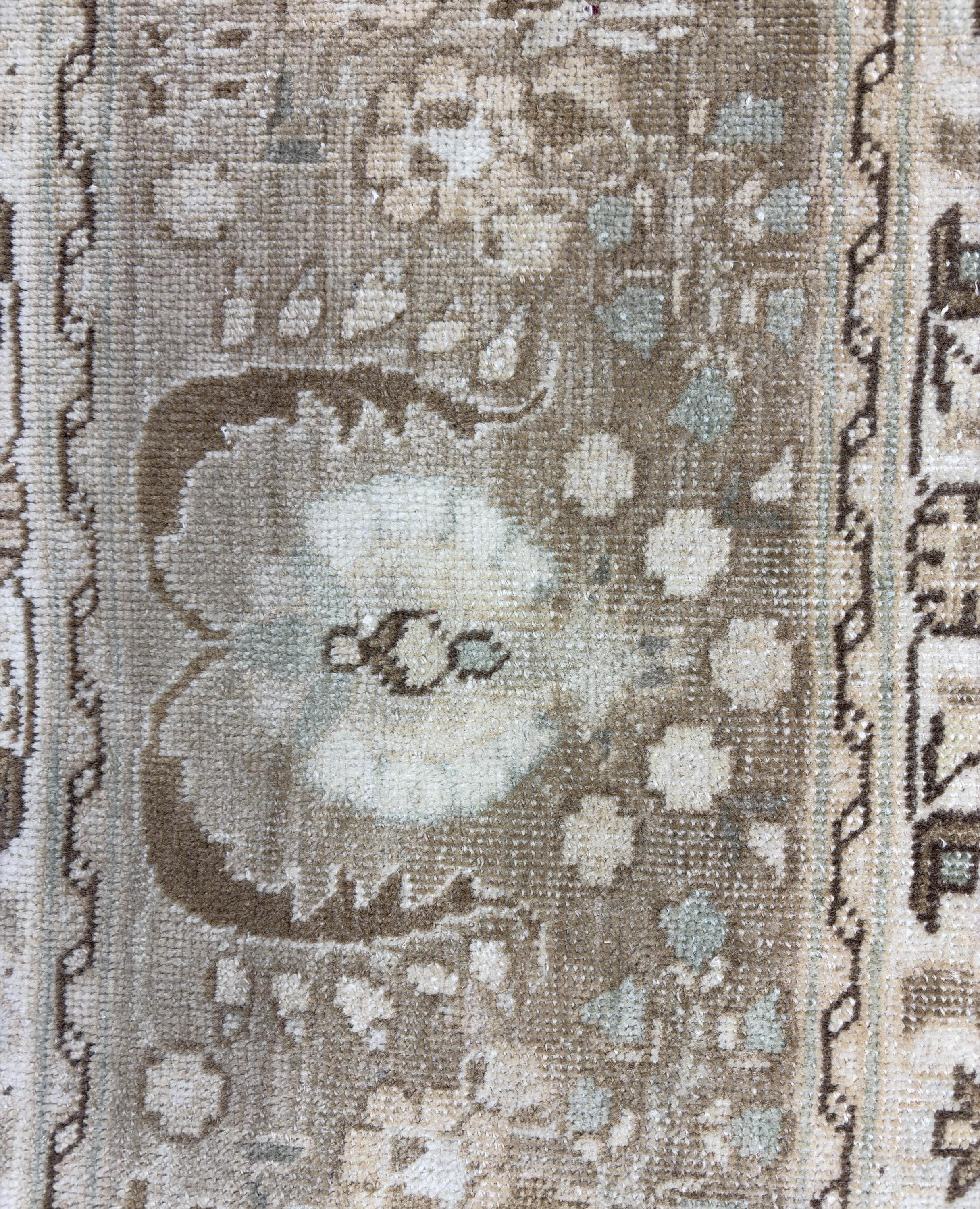 Handwoven Wool Area Rug, Beige Gold Distressed 9x12, Large Turkish 1980s Carpet, Neutral Floral Pattern for Living Room