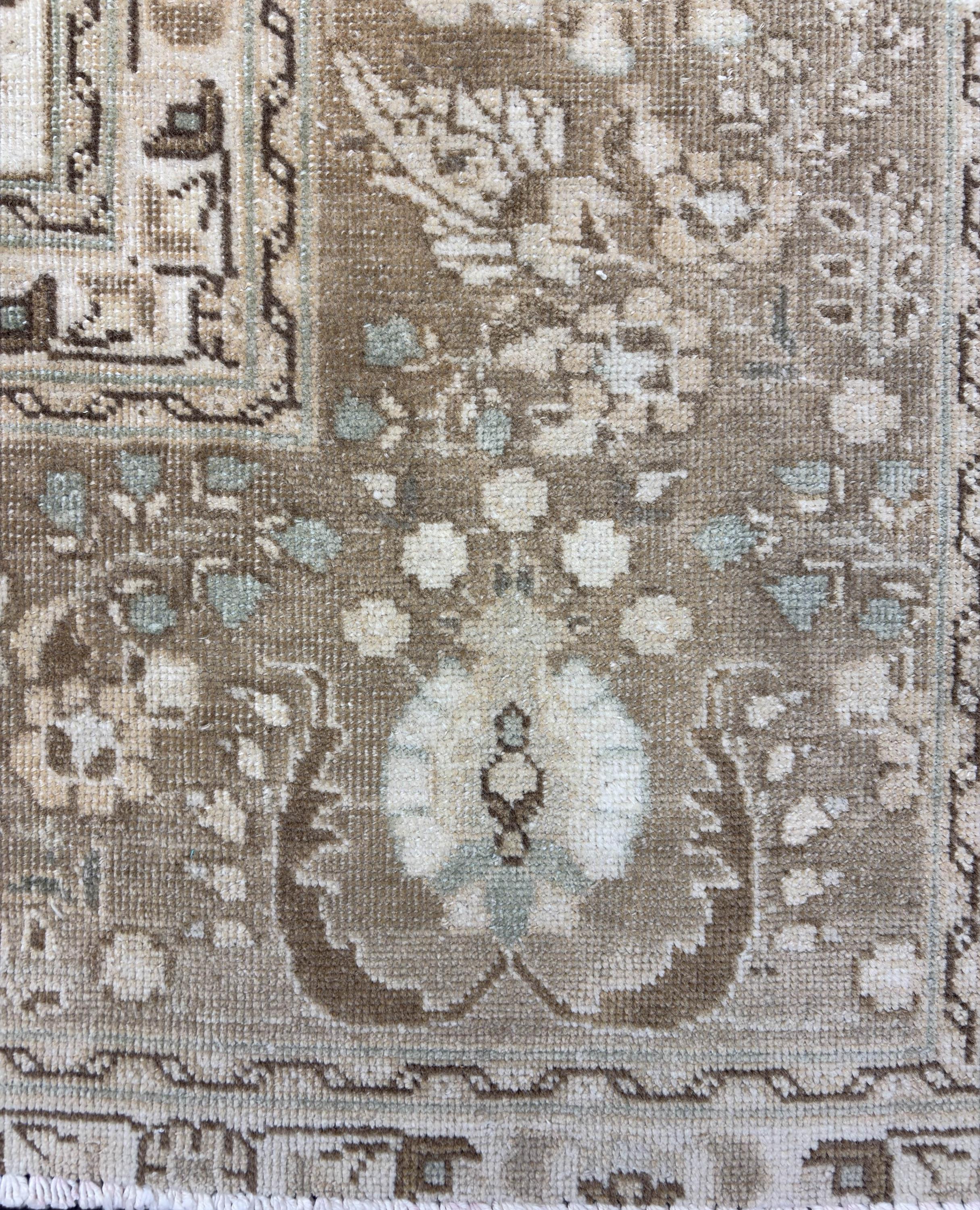 Handwoven Wool Area Rug, Beige Gold Distressed 9x12, Large Turkish 1980s Carpet, Neutral Floral Pattern for Living Room